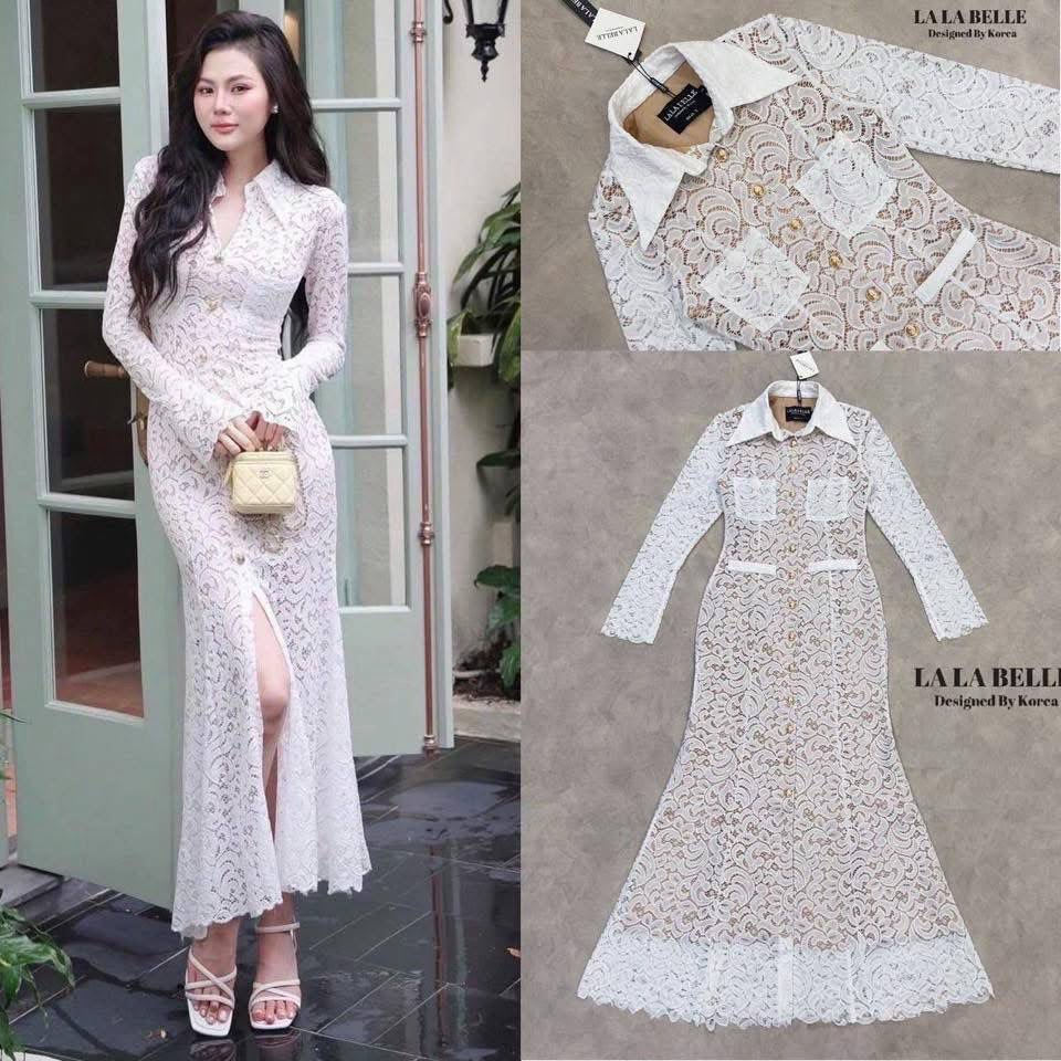 แม็กซี่เดรสลูกไม้ทั้งชุดทรงคอปกกระดุมหน้าแขนยาวซีทูผ่าแขนช่วงปลายแต่งกระเป๋าหน้าอกปลายกระโปรงทรงหางปลาใส่เข้ารูป ใส่สบาย : สินค้าคุณภาพ (พร้อมส่ง)