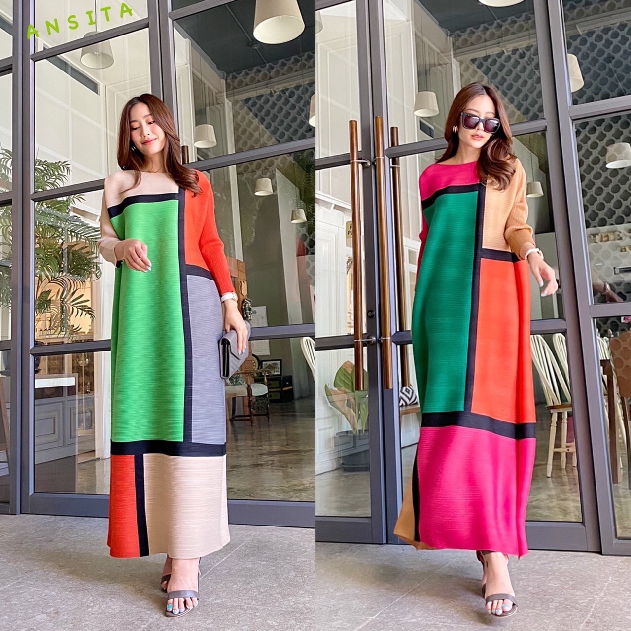 Dress อัดพลีท 100% เนื้อเดียวกับงานแบรนด์ 🤗 ดีไซด์ตัวยาว แขนยาว อัดพลีทแน่นๆ แต่งความหรูด้วย การเล่น 🔷🔶สีตัดสีเหลี่ยมใหญ่สุดคลาสิค . สินค้าคุณภาพ (พร้อมส่ง)