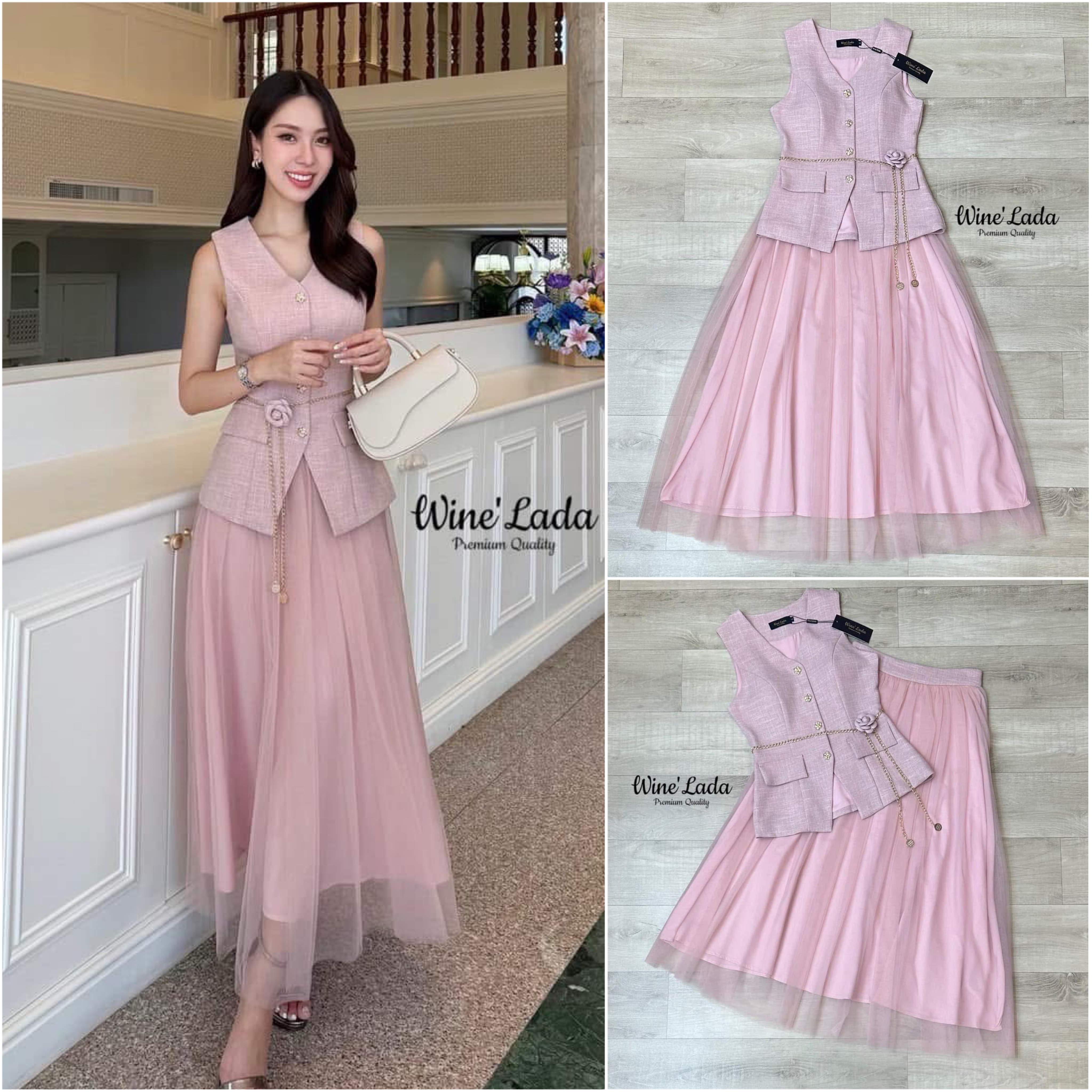 Set 4 Pcs. เช็ทเสื้อแขนกุดกระดุมหน้า เนื้อผ้ามีเทคเจอร์ มาพร้อมกระโปรงมุ้งสีเข้าเซ็ท มีเข็มกลัดดอกไม้และเข็มขัดโซ่ เพิ่มความลัคซู ทรงสวย เป๊ะ สวยหรู ดูแพง มากค่ะ ใส่แล้วผอมเพียว ซับในทั้งตัว ใส่สบาย : สินค้าคุณภาพ (พร้อมส่ง)