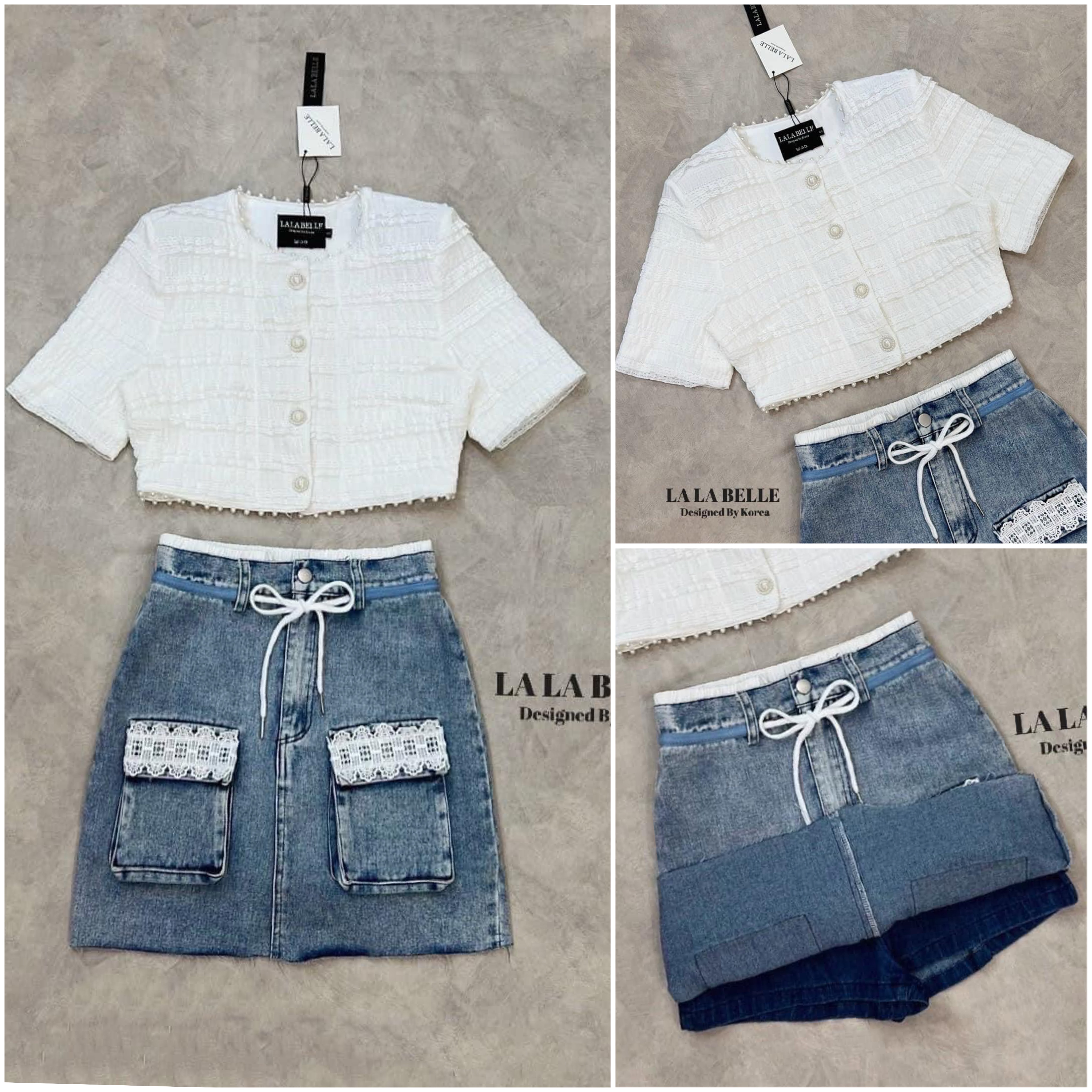 เซต2ชิ้นเสื้อลูกไม้คอกลมกระดุมหน้าแขน สั้นแต่งมุขช่วงคอและชายเสื้อใส่คู่กระโปรงทรงเอ ใส่สบาย : สินค้าคุณภาพ (พร้อมส่ง)