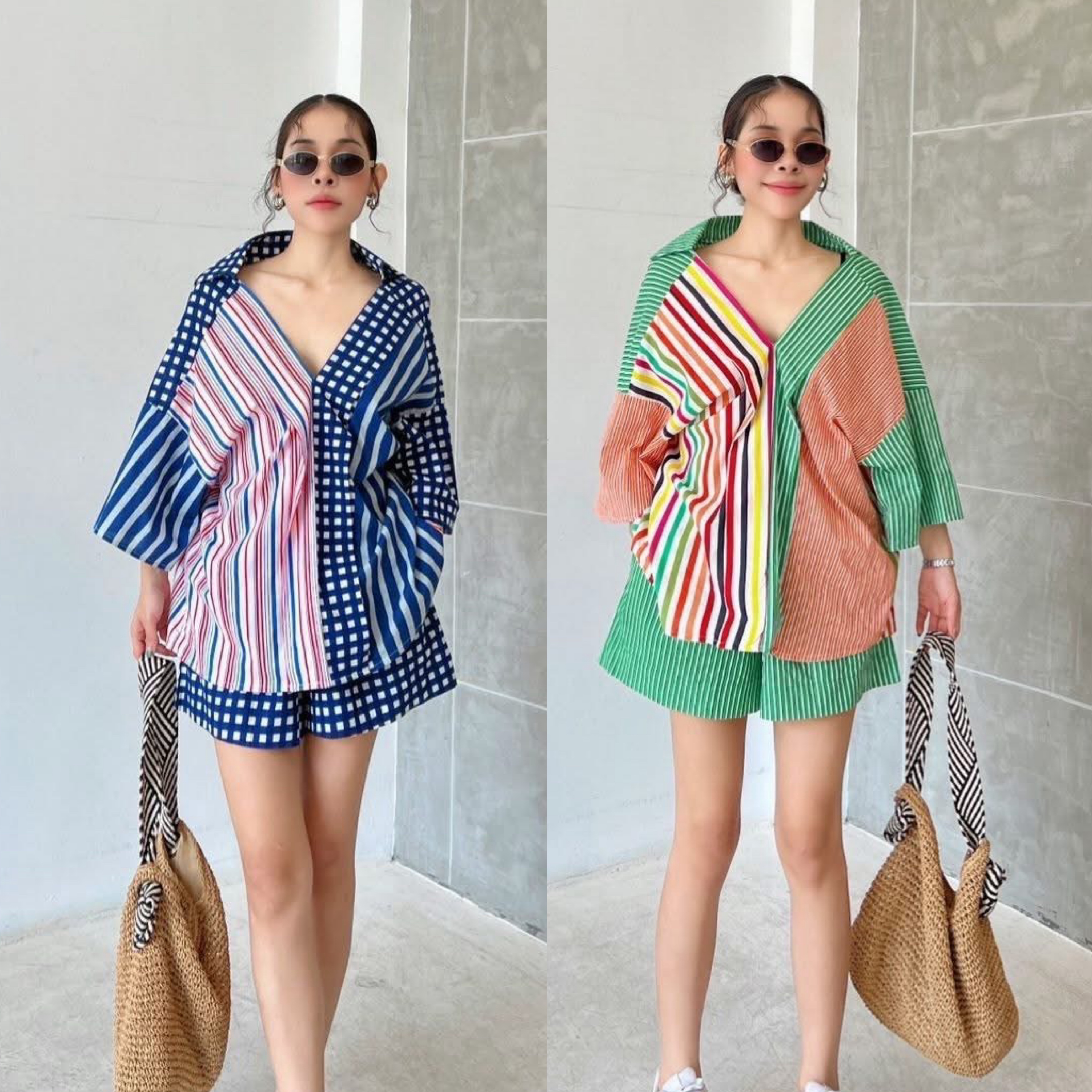 ชุดเซ็ท เสื้อผ้าคอทตอลอินเดีย ดีไซน์ทรงoversize คอวีหน้า ปกหลัง แต่งสาบหน้า ตัดต่อสี กางเกงเอวสม็อค มีกระเป๋าล้วง งานเก๋มีสไตล์ ใส่สบาย : สินค้าคุณภาพ (พร้อมส่ง)
