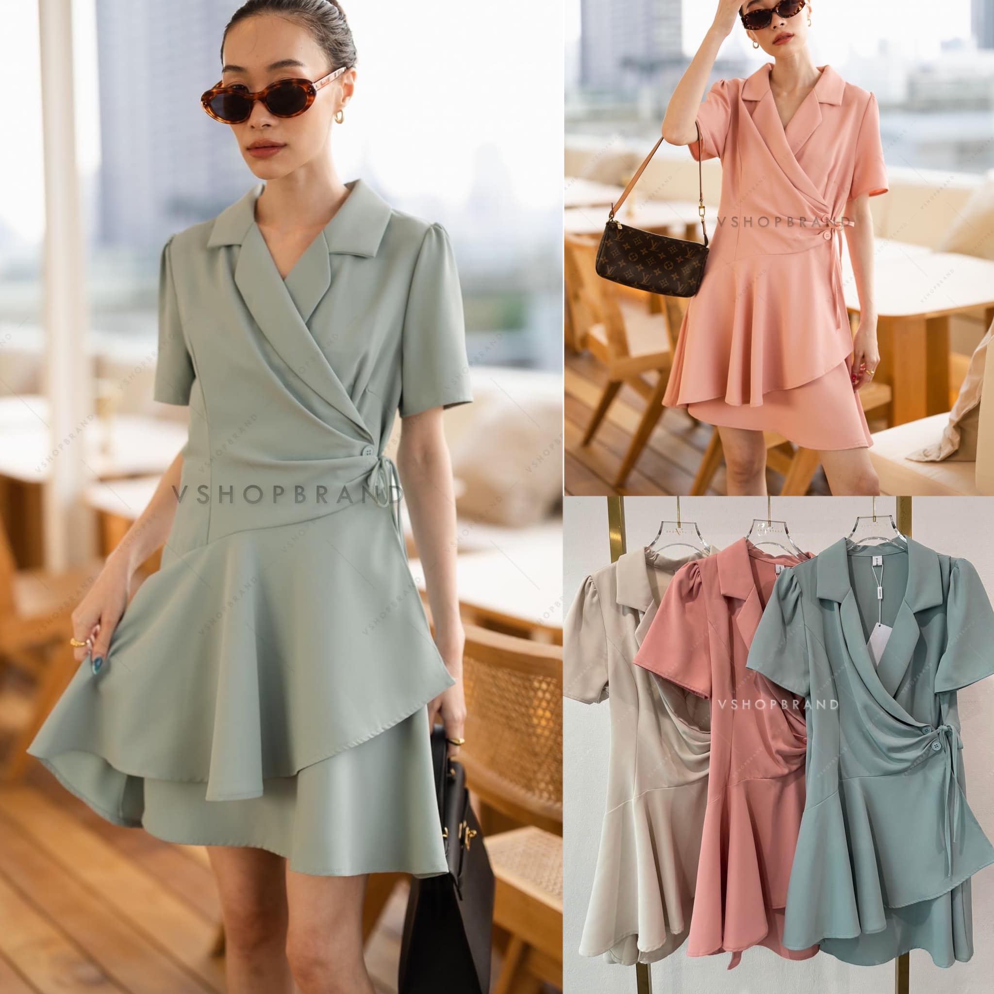 เดรสสคอปกผูกหน้า จับจีบเอว 👍🏻 สินค้าคุณภาพ (พร้อมส่ง)