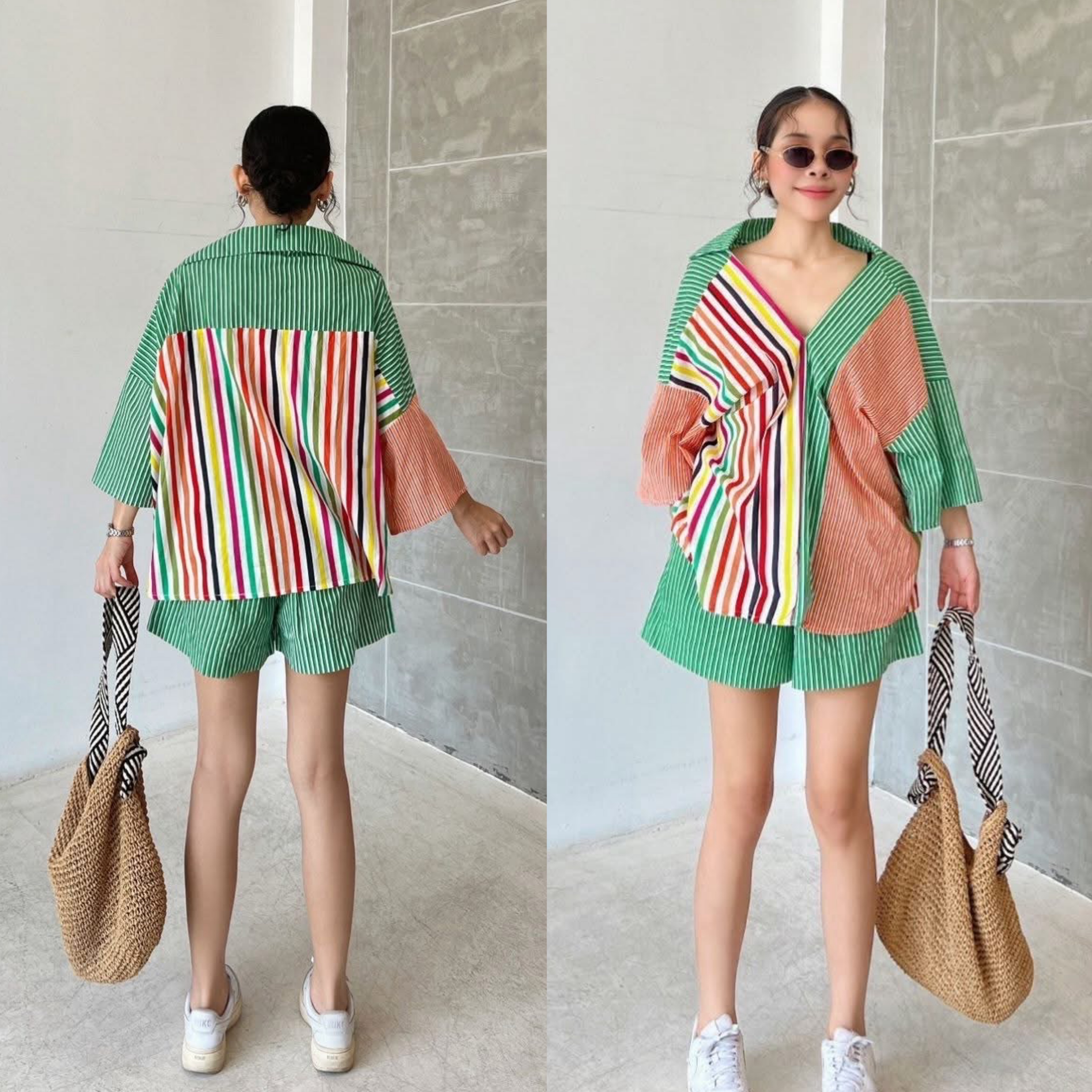 ชุดเซ็ท เสื้อผ้าคอทตอลอินเดีย ดีไซน์ทรงoversize คอวีหน้า ปกหลัง แต่งสาบหน้า ตัดต่อสี กางเกงเอวสม็อค มีกระเป๋าล้วง งานเก๋มีสไตล์ ใส่สบาย : สินค้าคุณภาพ (พร้อมส่ง)
