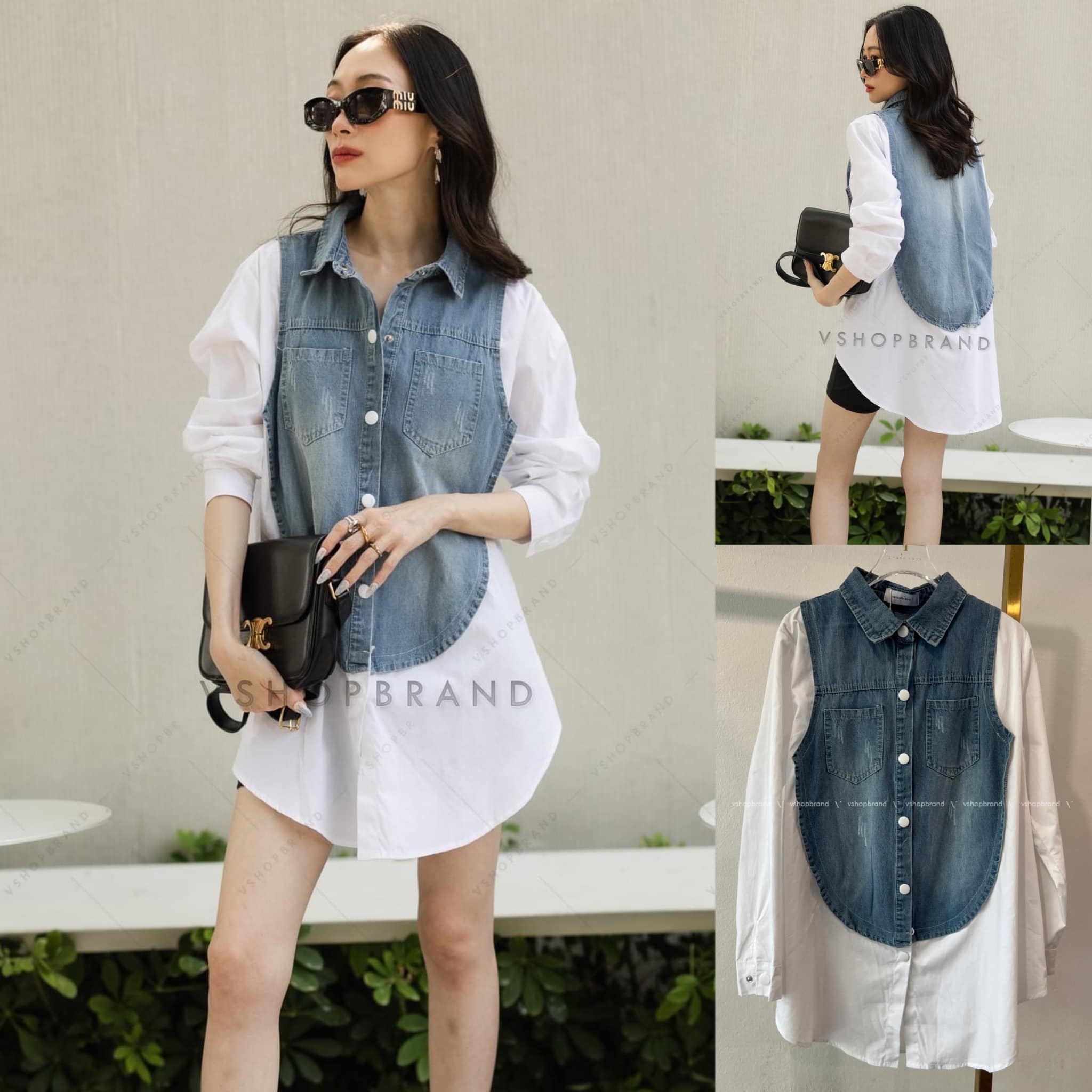 เชิ้ตแต่งยีนส์ตรงกลาง กระเป๋าหน้า : สินค้าคุณภาพ (พร้อมส่ง)