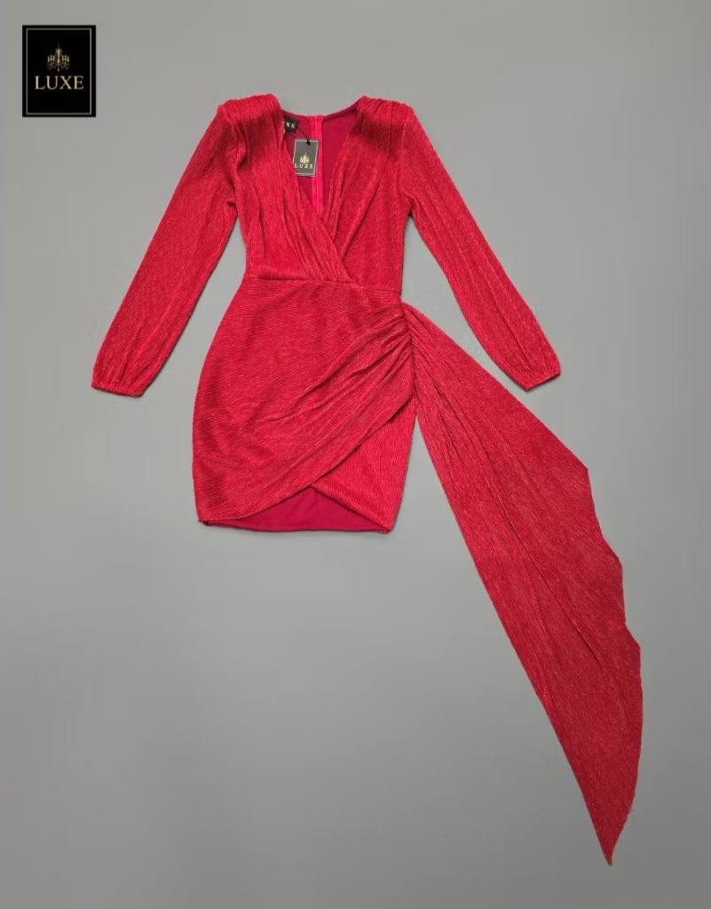 เดรสเสื้อแขนยาวเสริมไหล่ คอป้ายจับเดรป กระโปรงป้ายทรงสอบจับเดรป ดีเทลมีระบาย ด้านข้าง ใส่สบาย : สินค้าคุณภาพ (พร้อมส่ง)