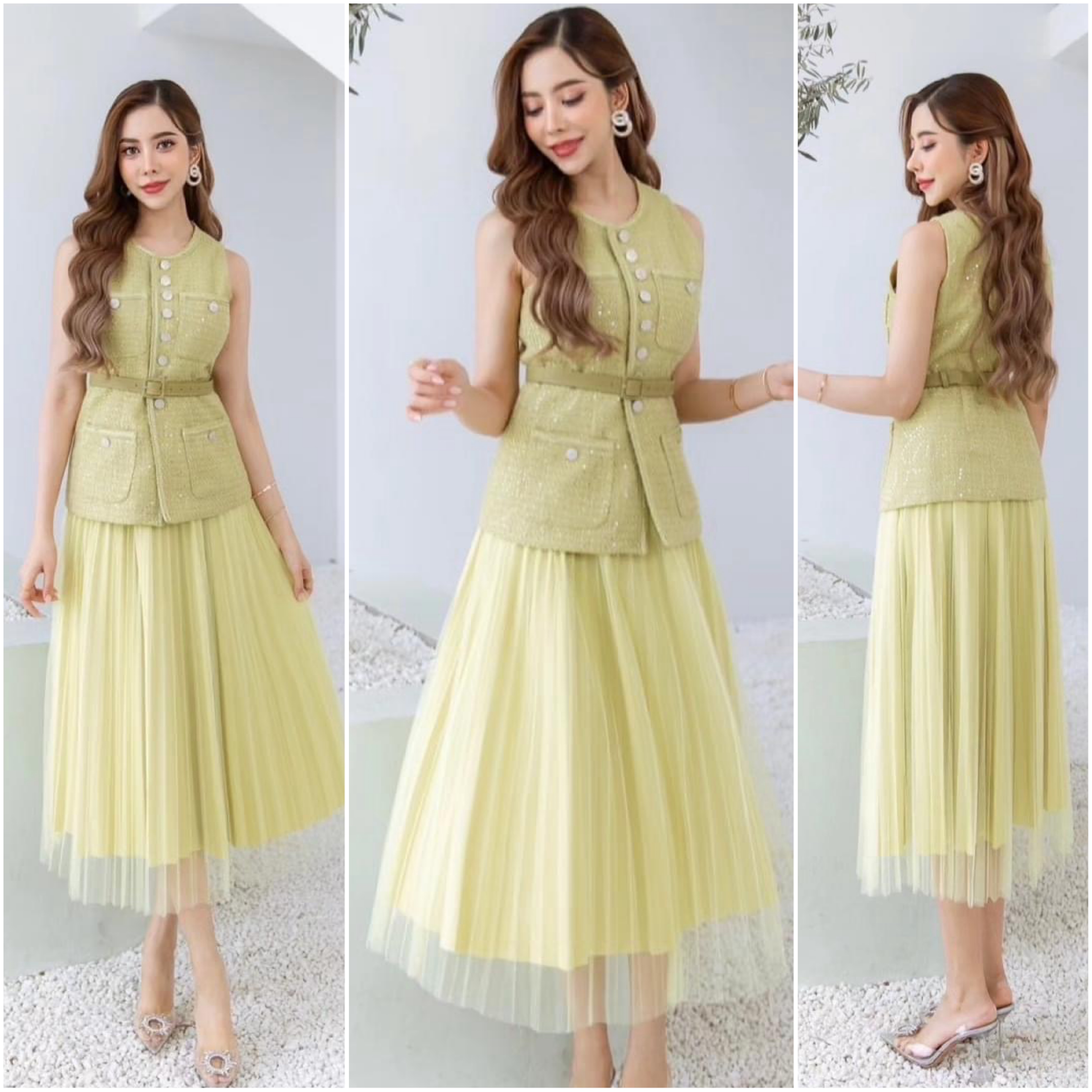 เซตเสื้อผ้า ทวิตกระดุมเพชร+กระโปรงผ้าตาข่ายอัดพลีท เนื้อผ้าทวิตเกรดเอ ใส่สบาย สินค้าคุณภาพ (พร้อมส่ง)