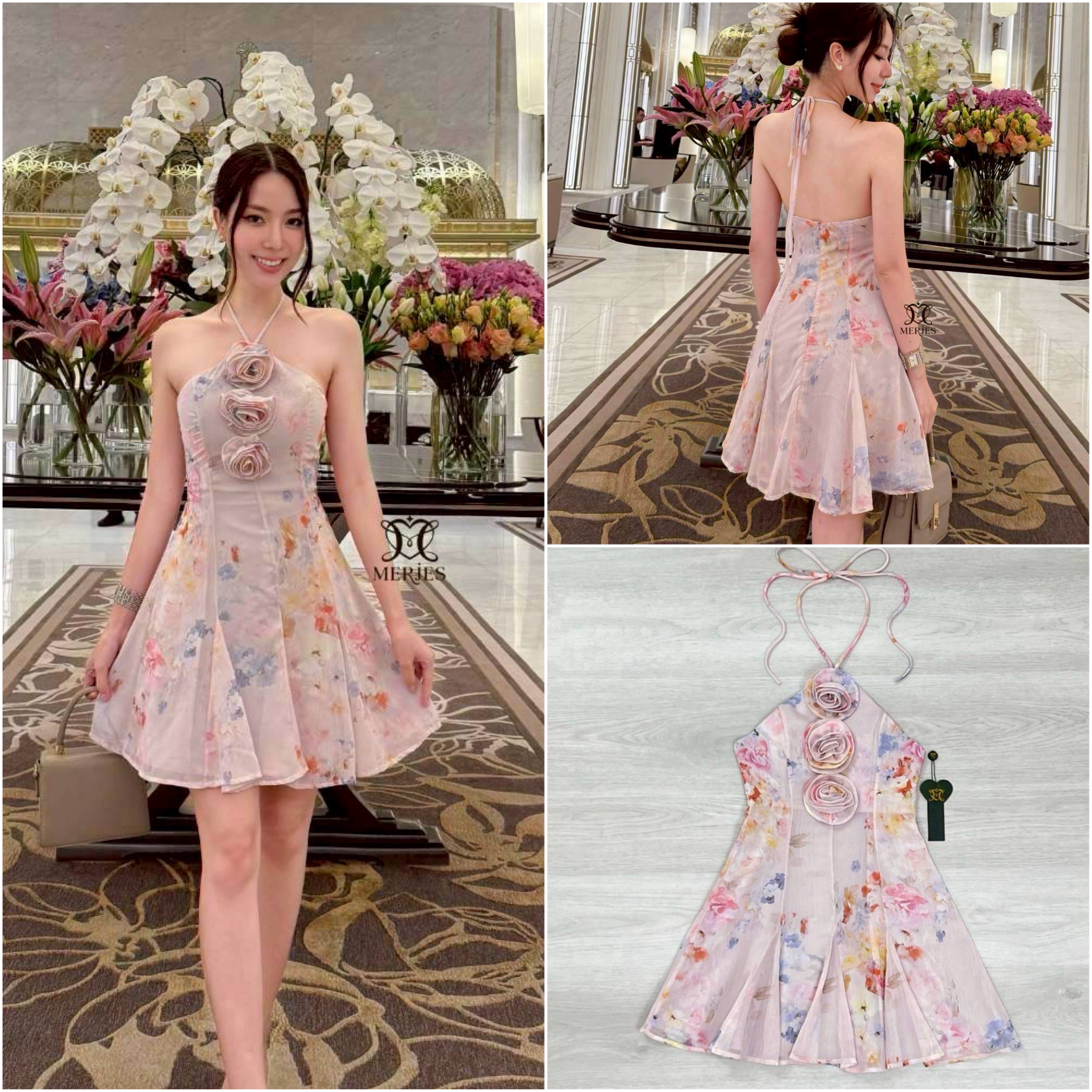 มินิเดรสลายดอกสีชมพูอ่อนงานพิมพ์ลายดีเทลคล้องคอมีสายผูกน่ารักช่วงตัวเข้ารูปอกมีฟองน้ำเสริมช่วงกระโปรงทรงบานพริ้วๆน่ารักเก๋ๆ ใส่สบาย : สินค้าคุณภาพ (พร้อมส่ง)