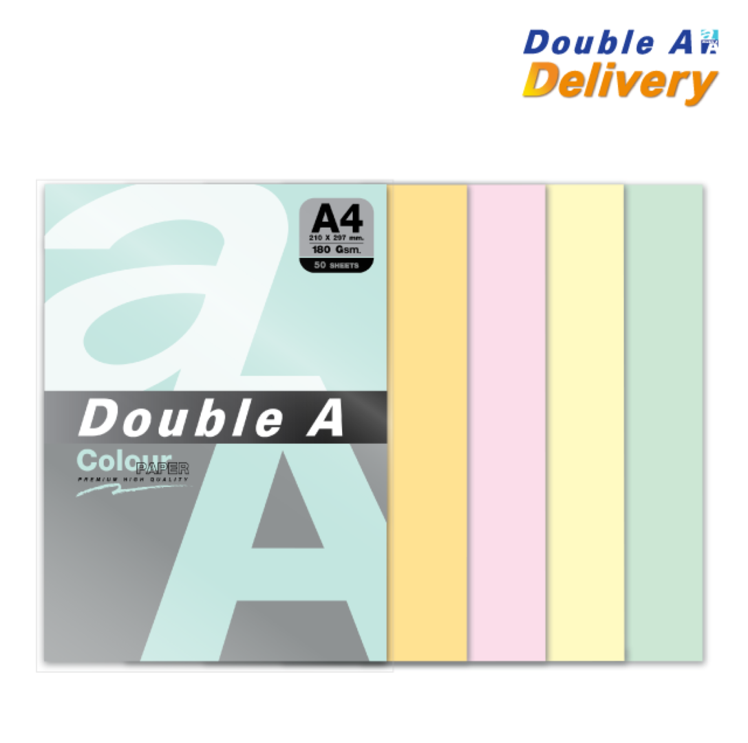 กระดาษการ์ดสี Double A 180 แกรม แพ็ค 50 แผ่น คละ 5 สี พาสเทล (สีฟ้า, ส้ม, ชมพู, เหลือง, เขียว)