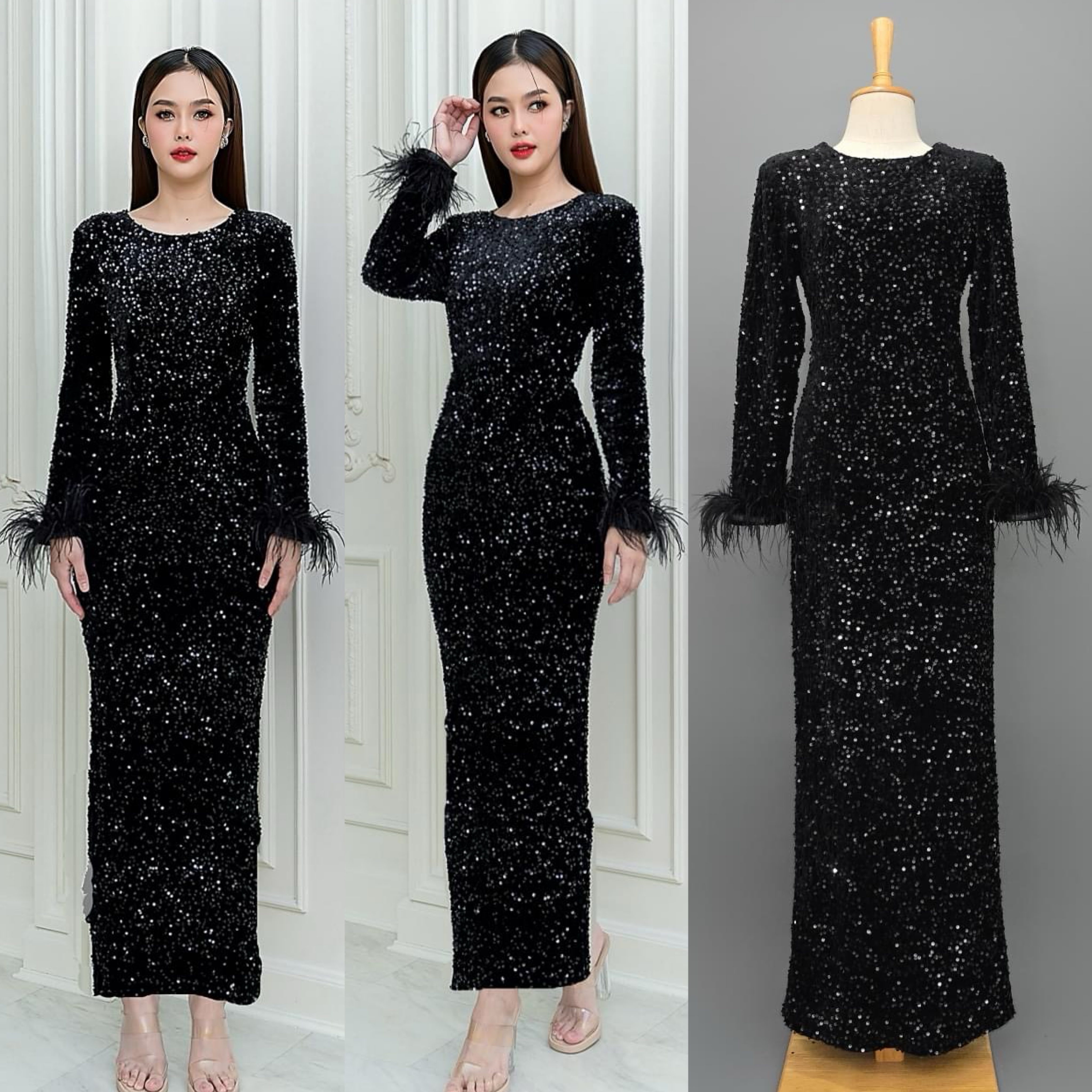เดรสตัวยาว คอกลมแขนยาว แพทเทิร์น ทรงสวย ปลายแขนแต่งด้วยขนนก ปักเลื่อมเล่นแสงระยิบระยับทั้งตัว มีซิปซ่อนและซับในเต็มตัวค่ะ ใส่สบาย : สินค้าคุณภาพ (พร้อมส่ง)