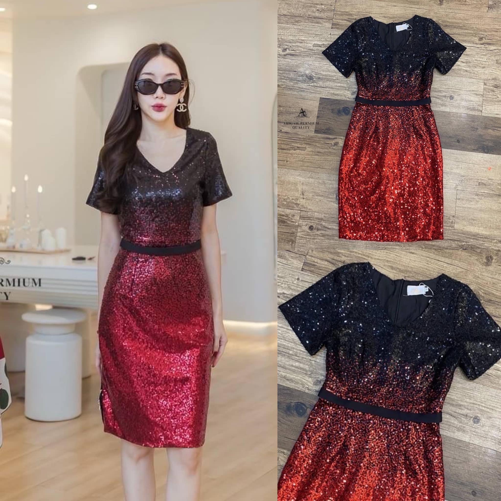 เดรสคอวีแขนสั้นตัวเดรสปักเกล็ดทูโทน แต่งคาดเอวสีดำ ใส่สบาย สินค้าคุณภาพ (พร้อมส่ง)