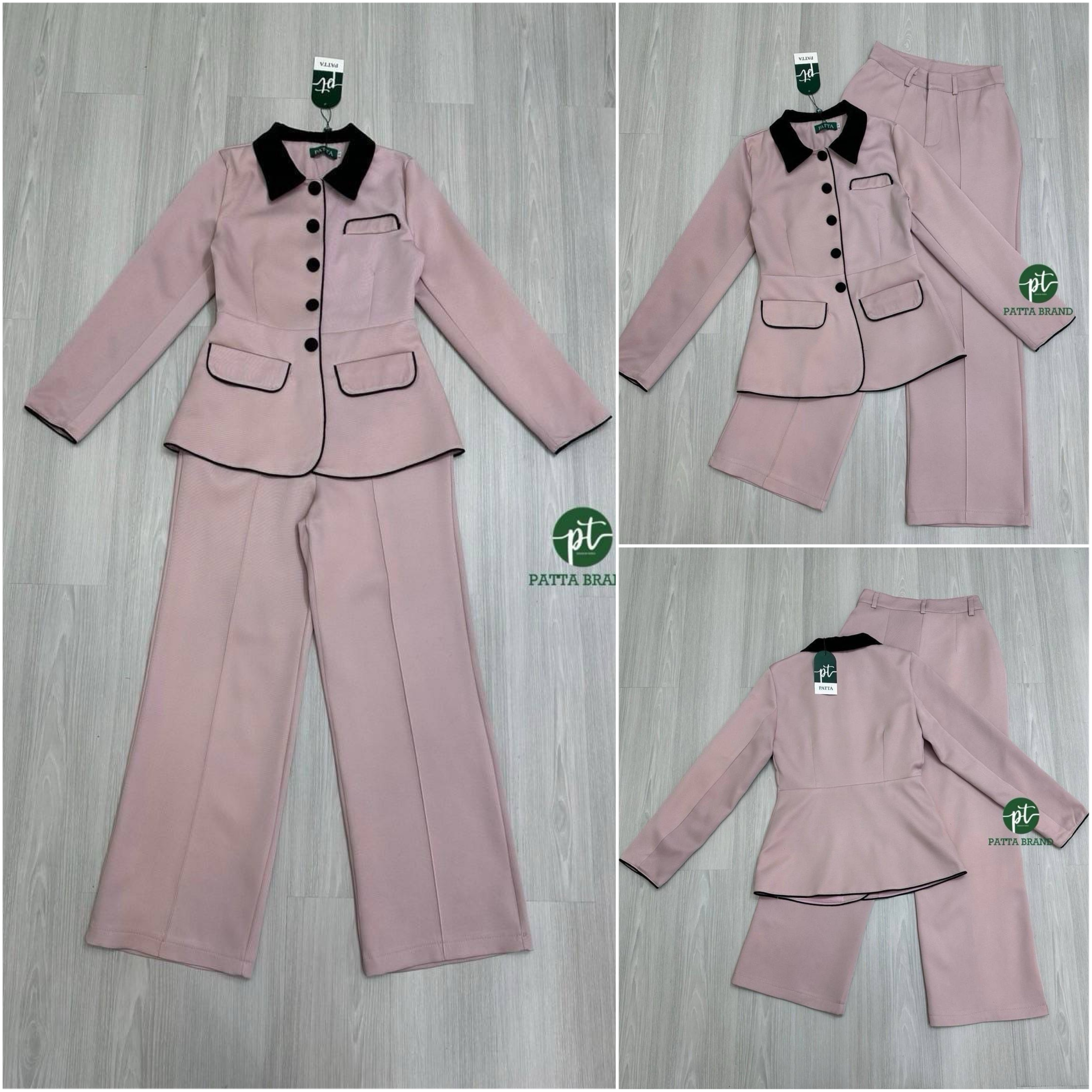 Set สูท2ชิ้นสีชมพูดีเทลแต่งปกดำและกุ๊นดำ มีกระดุมหน้า และมีกระเป๋าล้วงได้เก๋ๆ มาพร้อมกับกางเกงขายาวทรงกระบอกเล็ก ใส่สบาย : สินค้าคุณภาพ (พร้อมส่ง)