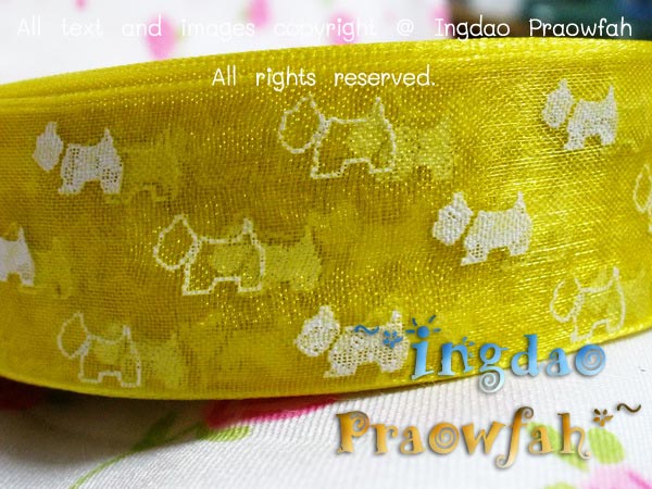 RB0004yw ริบบิ้นผ้าแก้วลายน้องหมาสีเหลือง หน้ากว้าง 2.5 ซม. (1 เมตร)