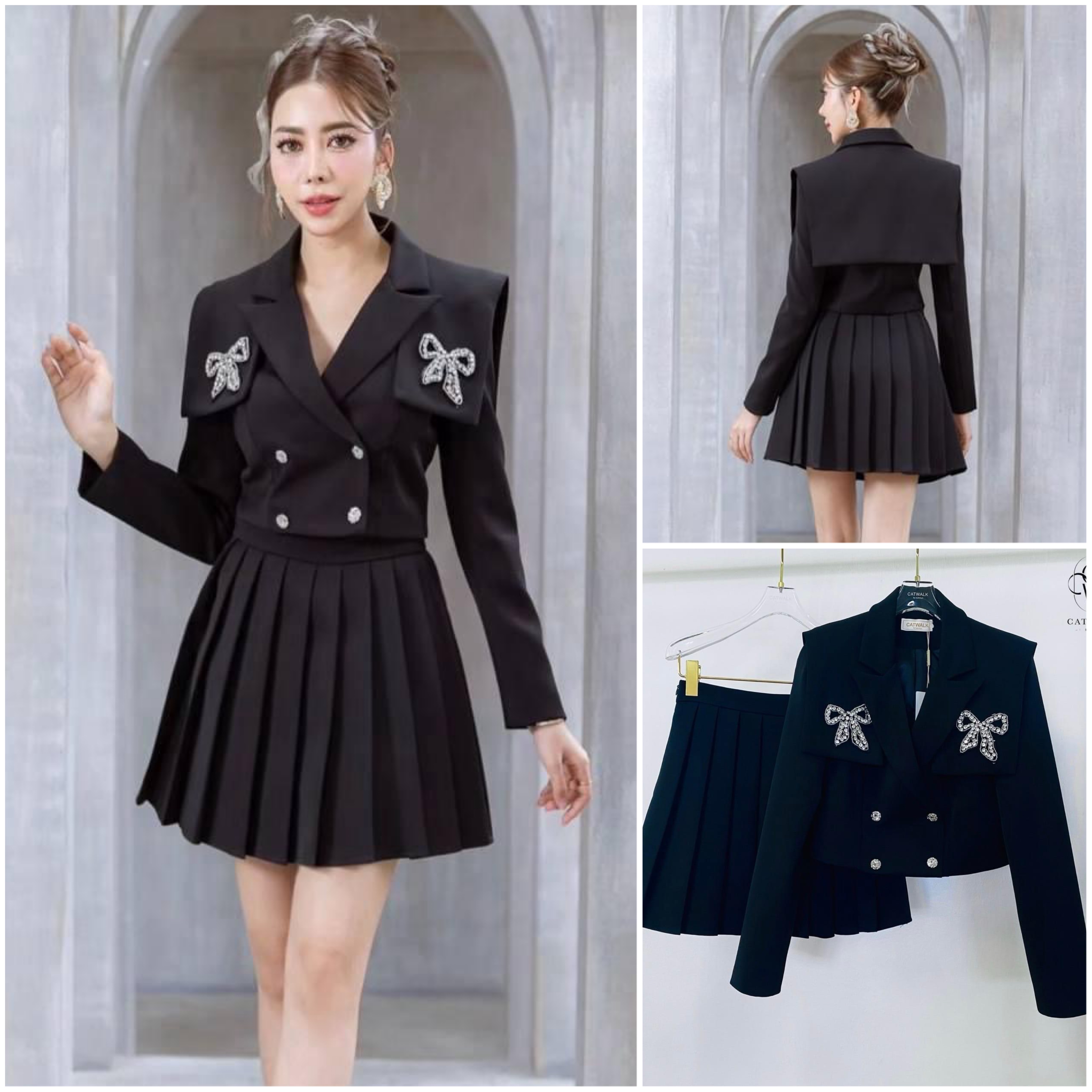 เซตเสื้อครอปสูทแต่งโบว์เพชร+กระโปรง จีบรอบ เนื้อผ้าเกรดเอ ใส่สบาย สินค้าคุณภาพ (พร้อมส่ง)