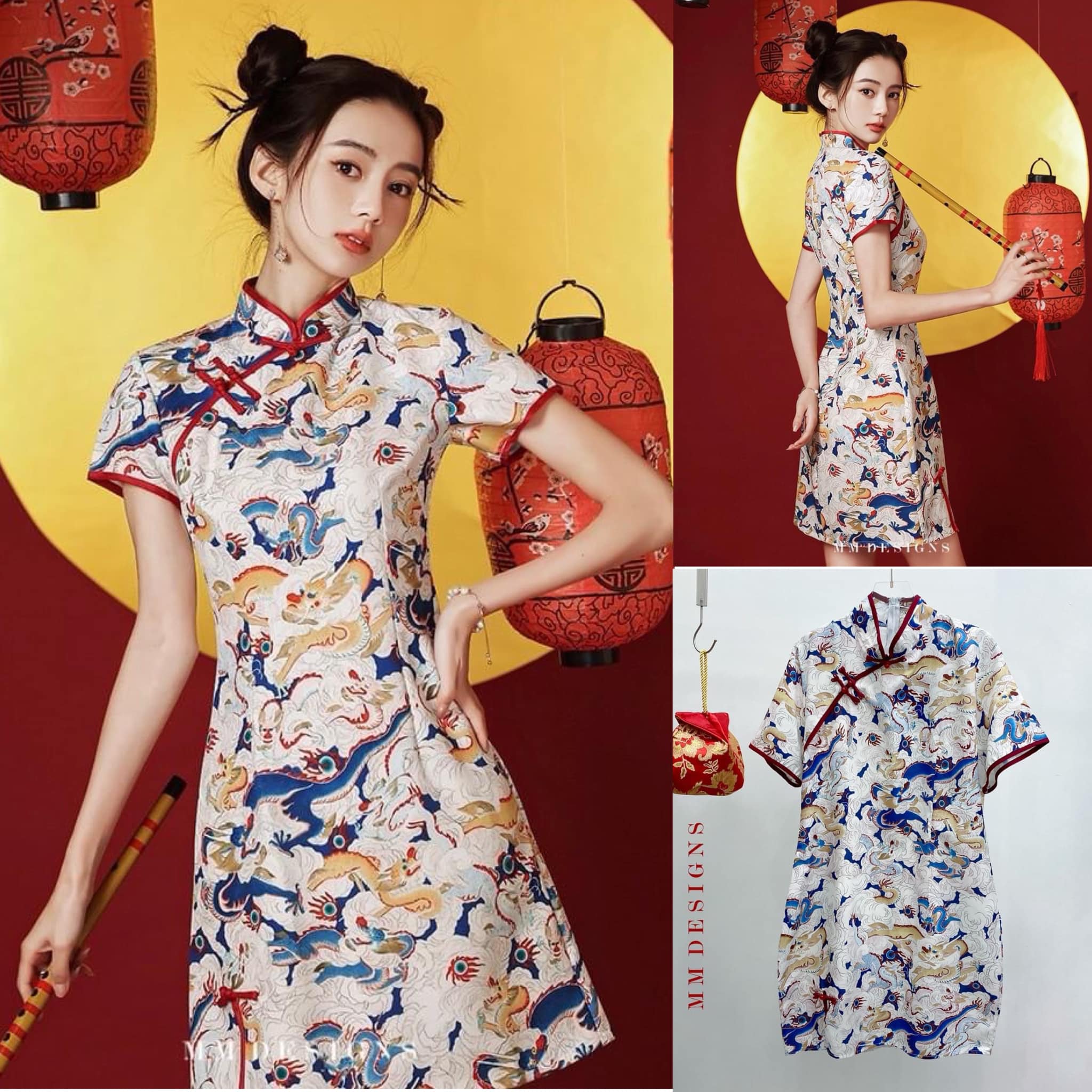 มินิเดรสกี่เพ้าลายมังกรขาว งานเดรส ตัวสั้น คอจีนกระดุมเฉียง ซิปหลัง งานสวย ตัวเดรสผ้าพิมพ์ลาย คมชัด เนื้อดี ใส่เข้ารูป ใส่สบาย สินค้าคุณภาพ (พร้อมส่ง)