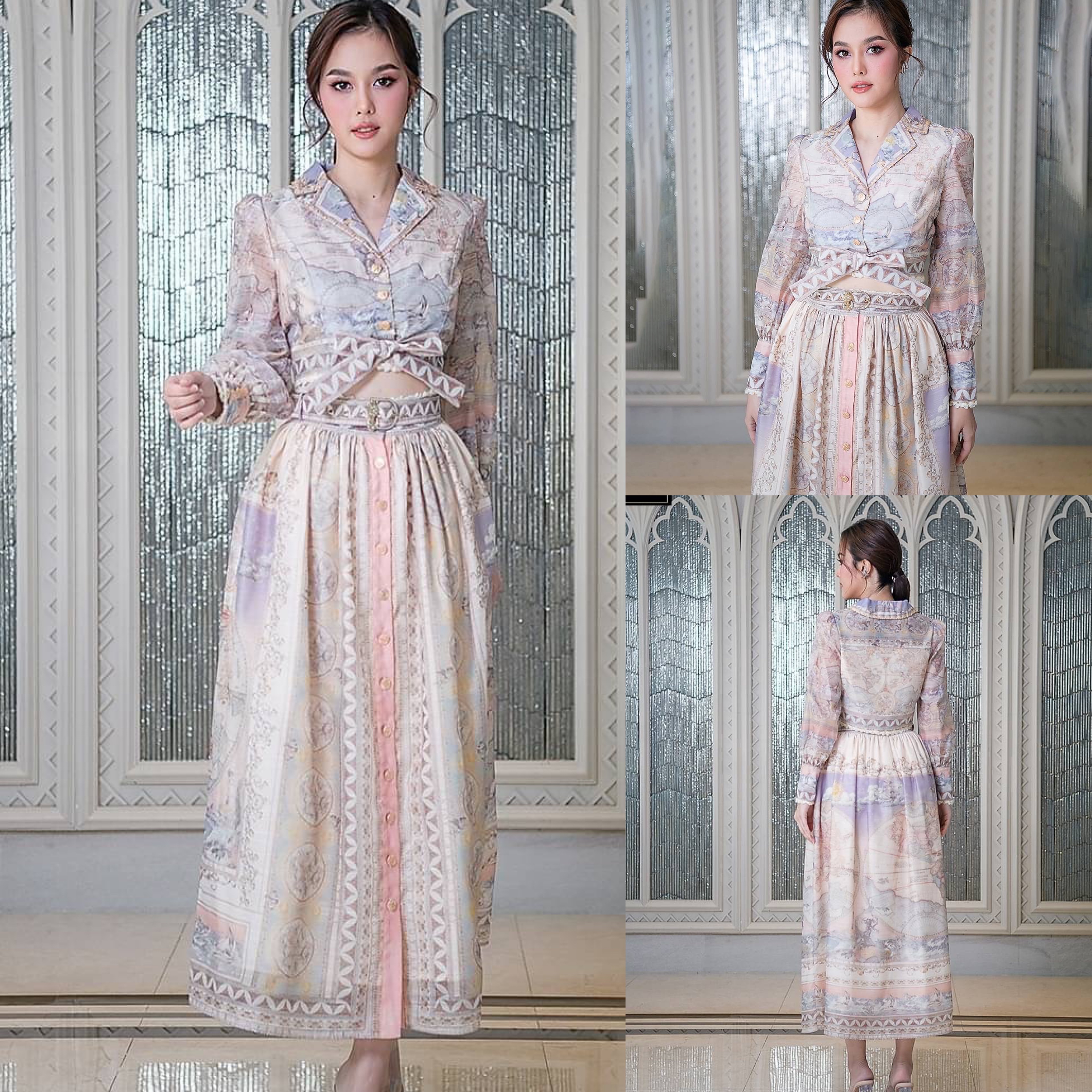 เซ็ตเสื้อเชิ้ตคร็อปเอว คอปกแขนยาวปลายแขนพอง จับคู่กับกระโปรงยาวผ่าหน้า แต่งลูแไม่ สินค้าคุณภาพ (พร้อมส่ง)