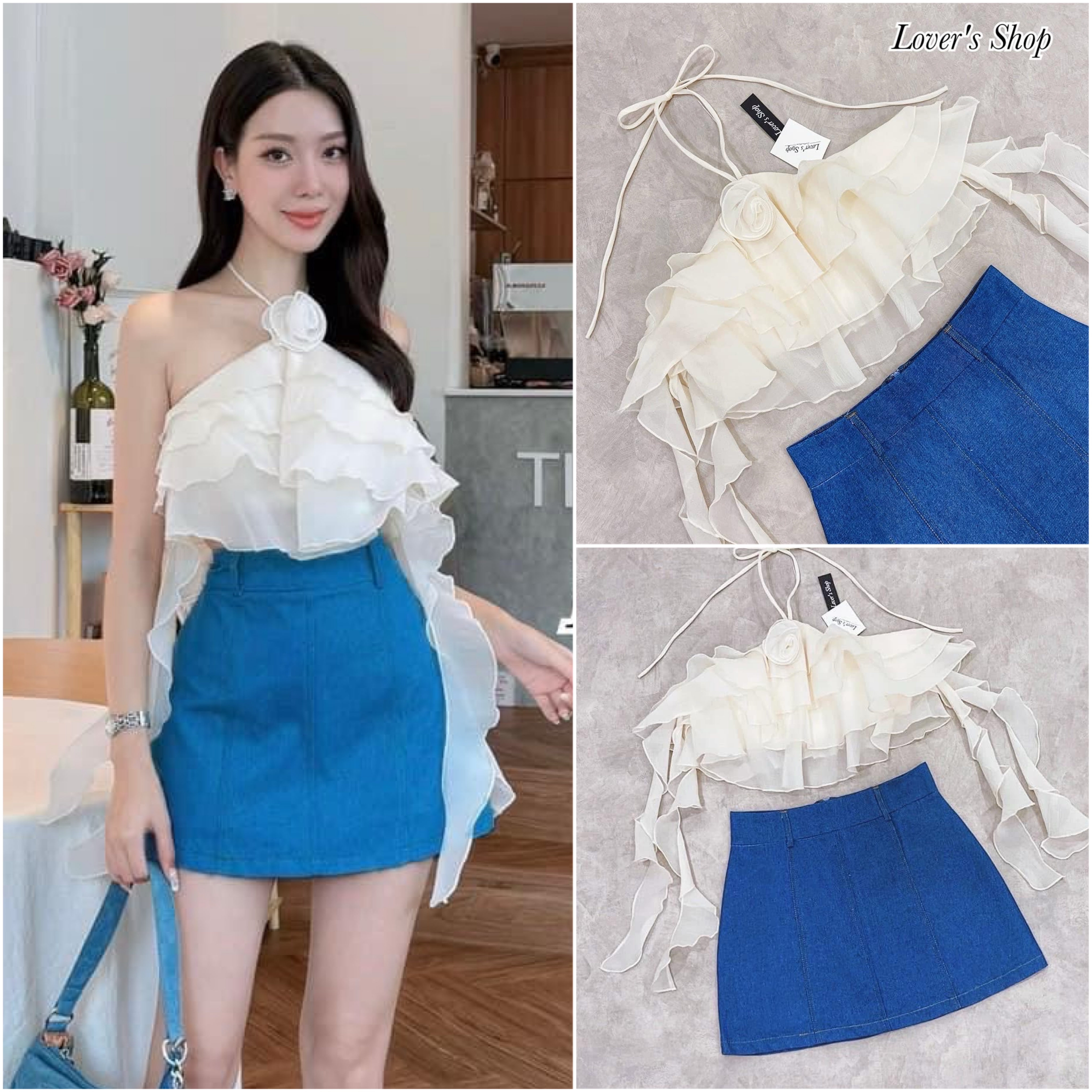 Set.2ชิ้น เสื้อเกาะอกค้องคอ เย็บระบายผ้าแก้ว งานซิบหลัง ตัวผ้าแก้วกุ้นขอบอย่างดี ไม่คันนะคะ มาพร้อมกระโปรงยีนส์ ซับด้านในเป็นกางเกงใส่ง่าย ไม่โป้ค่ะ ผ้ายีนส์หนากำลังดี ใส่สบาย : สินค้าคุณภาพ (พร้อมส่ง)