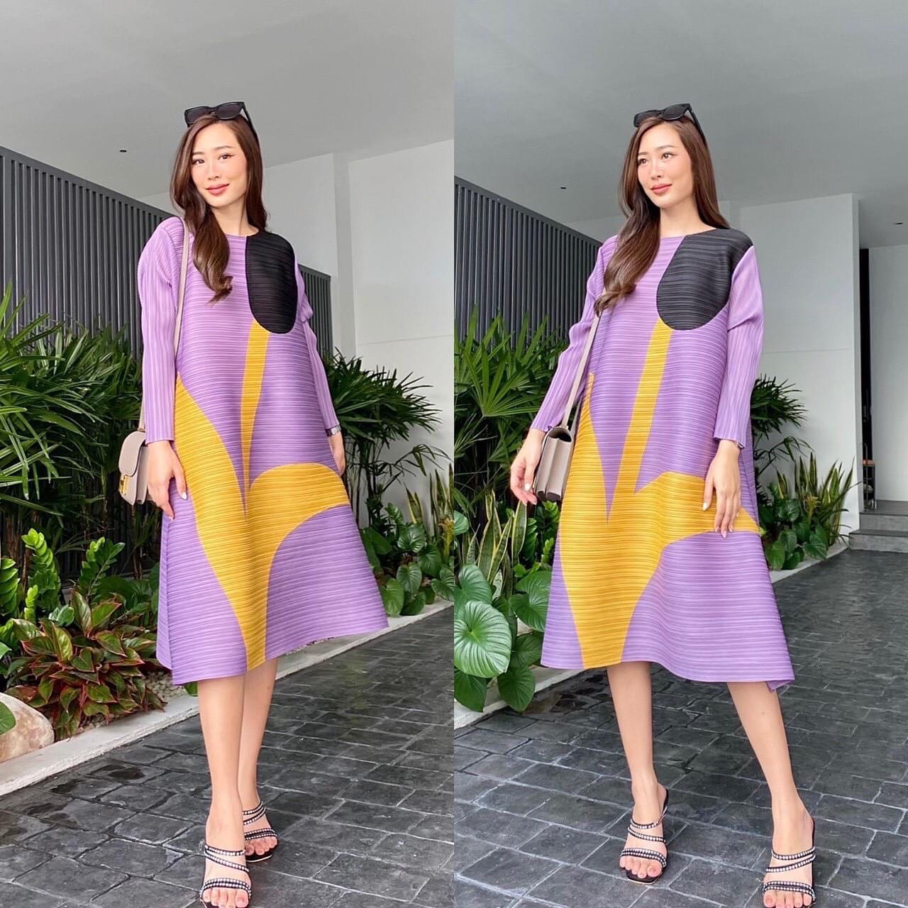 เดรสอัดพลีท งานสวยไฮโซ ทรงคอกลม ชายบาน A Line 😍 พิมพ์ลายดอกทิวลิป สินค้าคุณภาพ (พร้อมส่ง)