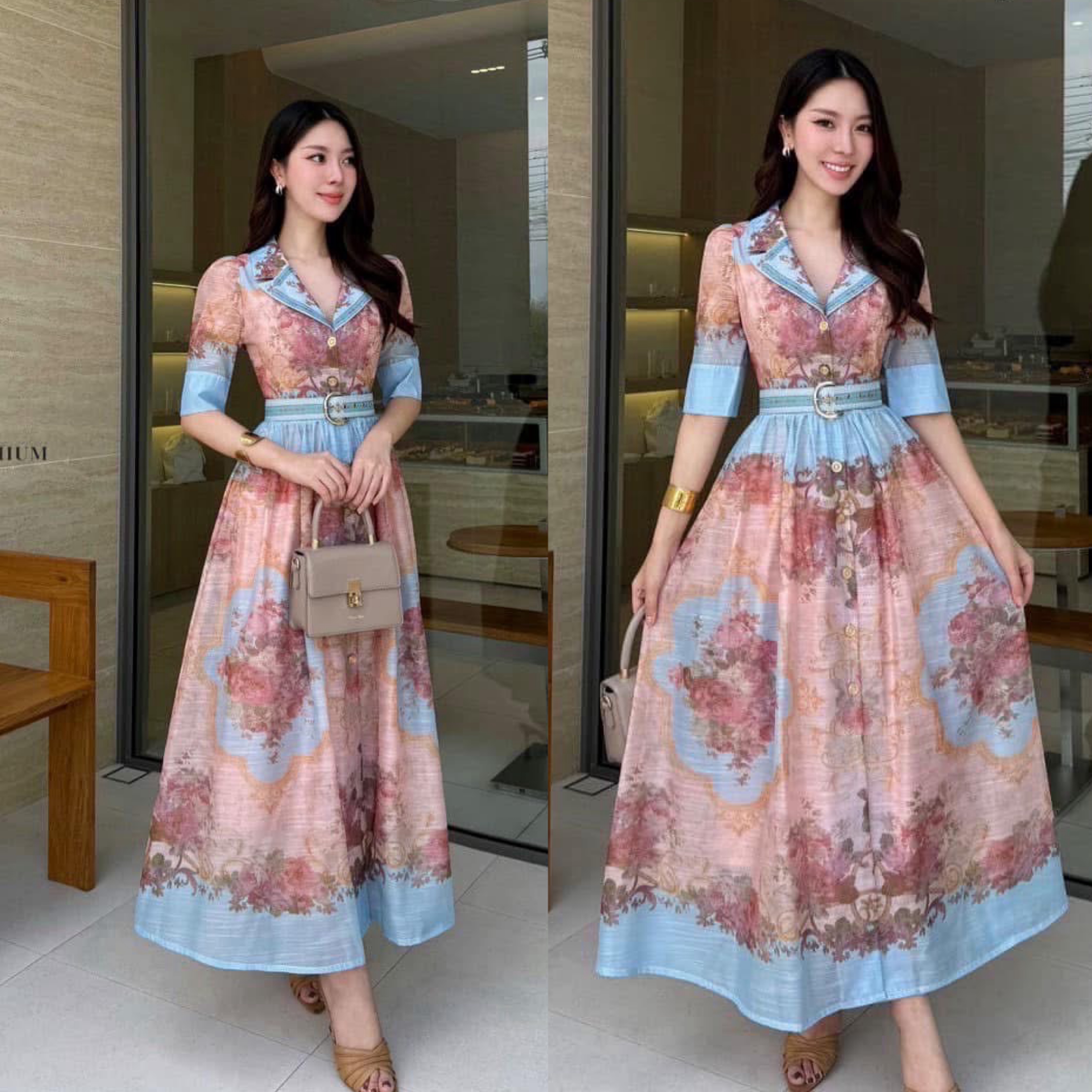 เดรสยาวพิมพ์ลายคอปก แขนมีกระดุมเปิด-ปิดให้ ชุดแต่งลายกราฟฟิกอย่างสวยงาม ดีเทลกระดุมหน้าซับในทั้งตัว มาพร้อมเข็มขัด ใส่สบาย : สินค้าคุณภาพ (พร้อมส่ง)