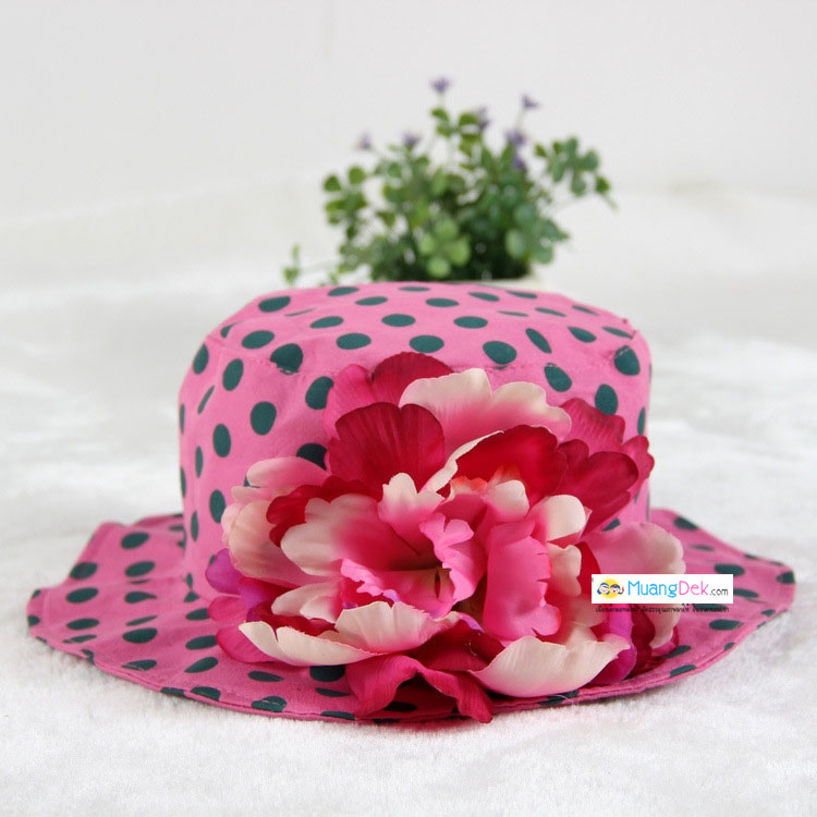 หมวกปีกเด็กหญิงลายจุด ติดดอกไม้ใหญ่ สำหรับเด็กวัย 2-5 ขวบ