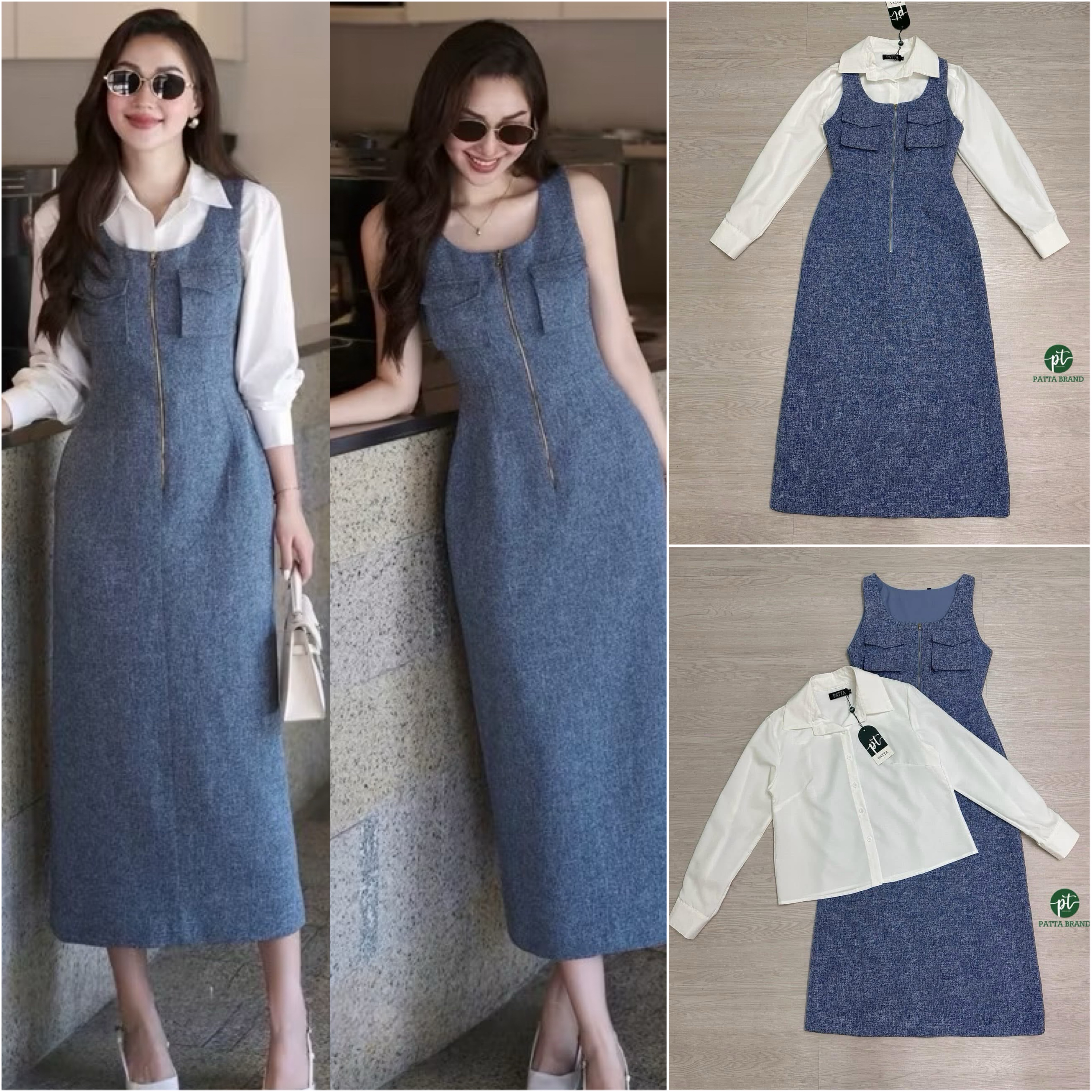 Set 2 ชิ้น เสื้อเชิ๊ตสีขาวทรงOversize มีกระดุมหน้า ผ้าพริ้ว มาคู่กับเดรสฟ้าครามแขนกุดคอลึกใส่ทับด้านนอก ตัวเดรสแต่งซิปรูดช่วงอกและกระเป๋าทั้งสองข้าง ใส่สบาย : สินค้าคุณภาพ (พร้อมส่ง)