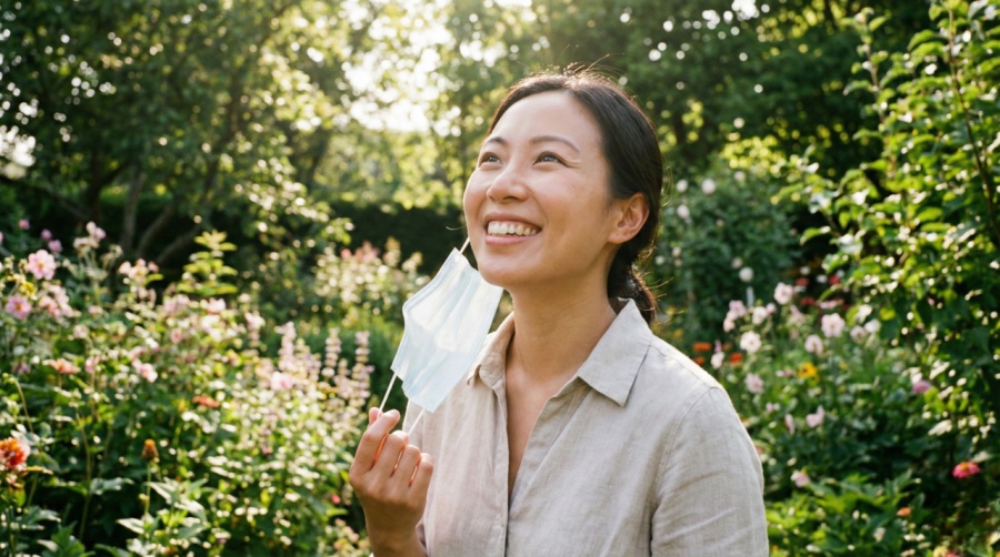 ผู้หญิงยิ้มสดใสสุขภาพผิวดี พร้อมสู้ฝุ่นในชีวิตประจำวันอย่างมีความสุข