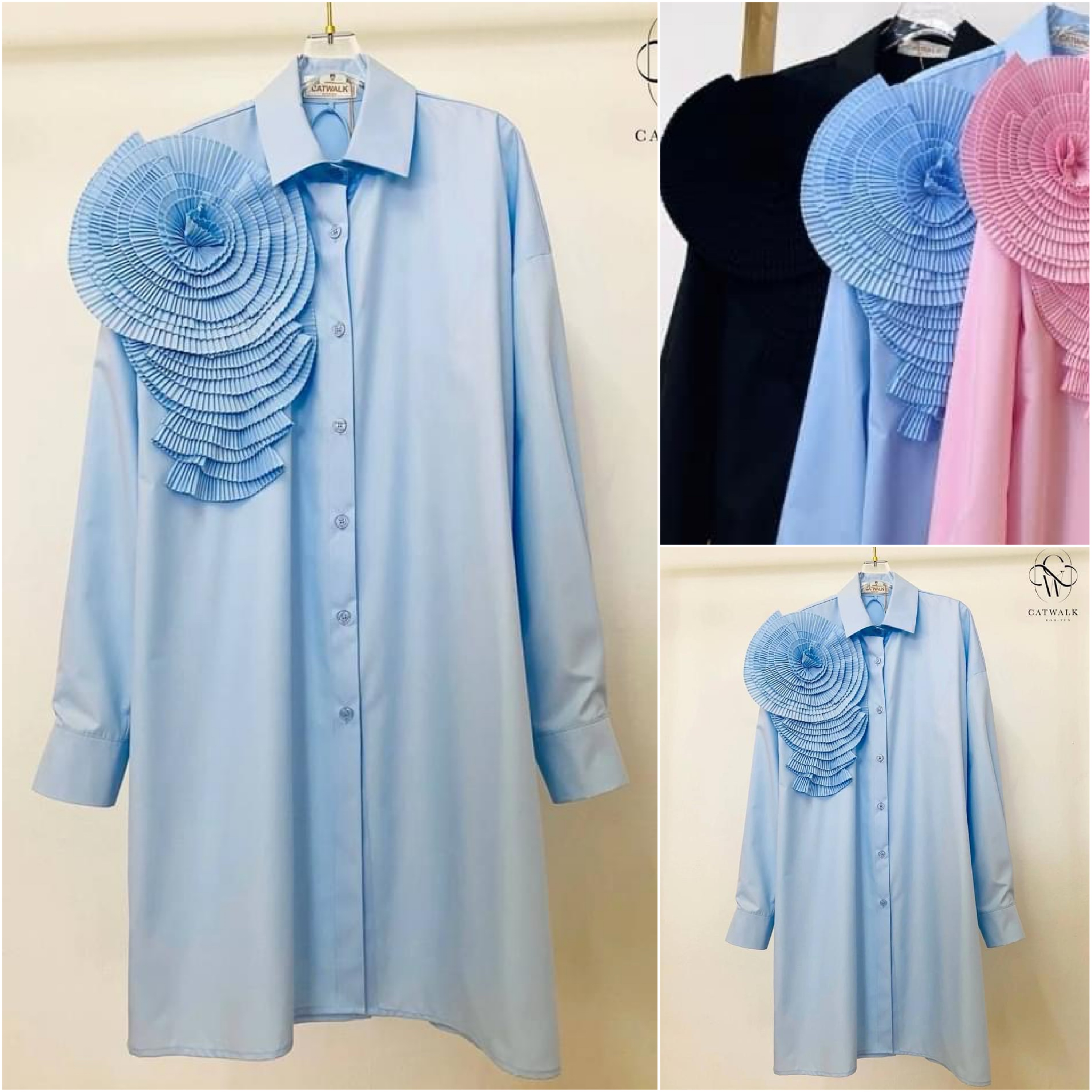 เดรสเชิ้ตแต่งดอกไม้อัดพลีท เนื้อผ้าเกรดเอ สินค้าคุณภาพ (พร้อมส่ง)