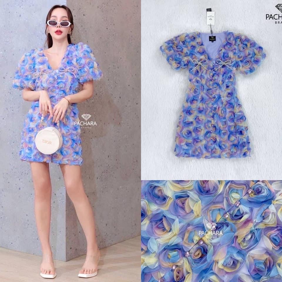 เดรสสั้นคอวีแขนตุ๊กตาสีเขียวพาสเทล ปักดอกกุหลาบ 3D อัดแน่นหลายร้อยดอกทั้งชุด ใส่สบาย สินค้าคุณภาพ (พร้อมส่ง)