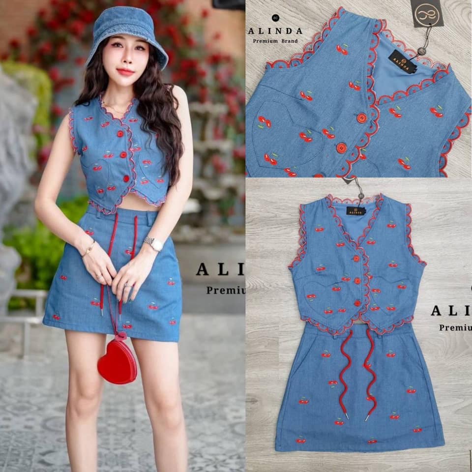 ชุดเซ็ทยีนส์ปักลายเชอร์รี่แบบฉ่ำๆสุดน่ารักมาใหม่คร่าาา ชุดนี้พกความน่ารักมาเต็มอัตรา ตัวเสื้อเป็นเสื้อแขนกุดปักลายเชอร์รี่และแต่งขอบกุ๊นปักลายสีแดงทั้งขอบช่วงแขนและปลายเสื้อ แต่งด้วยกระดุมสีแดง +กระโปรงสั้นปักลายเชอร์รี่เข้าเซ็ท ใส่สบาย : สินค้าคุณภาพ (พร