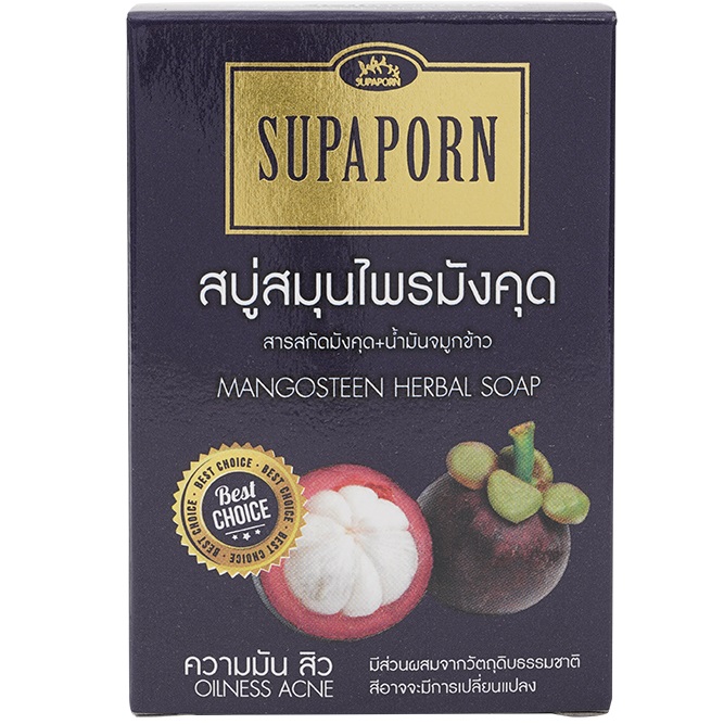 สบู่สมุนไพร มังคุด (SUPAPORN) 100 กรัม ► ประโยชน์จาก สารสกัดมังคุด ช่วยลดความมันได้อย่างดี ต้นเหตุของการเกิด สิว ผสมน้ำมันจมูกข้าว ช่วยบำรุงผิว ไม่ให้แห้งกร้าน ทำให้ผิวนุ่มนวล น่าสัมผัส