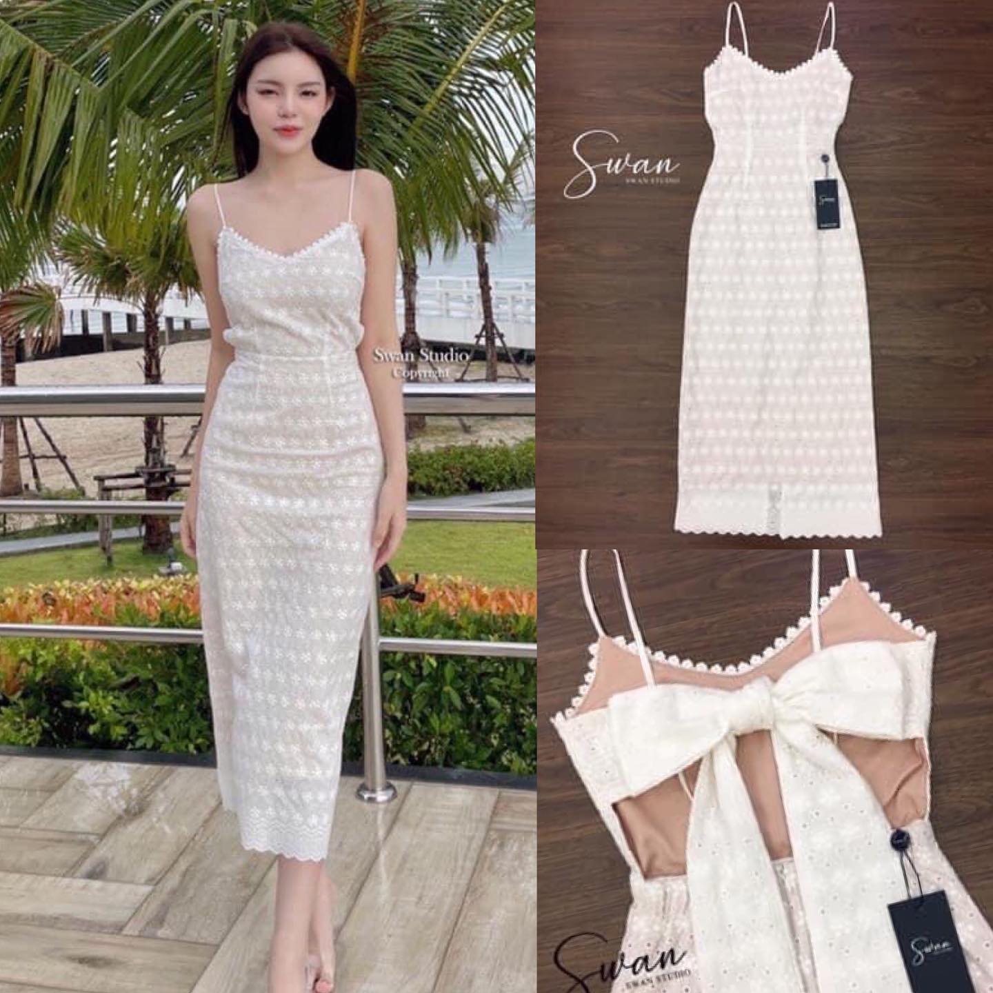 เดรสสายเดี่ยวทรงกระสอบ ผ้าลูกไม้ปักลาย สั่งทอพิเศษ มีซับใน ไฮไลท์อยู่ที่ด้านหลัง ผูกโบว์ สินค้าคุณภาพ (พร้อมส่ง)