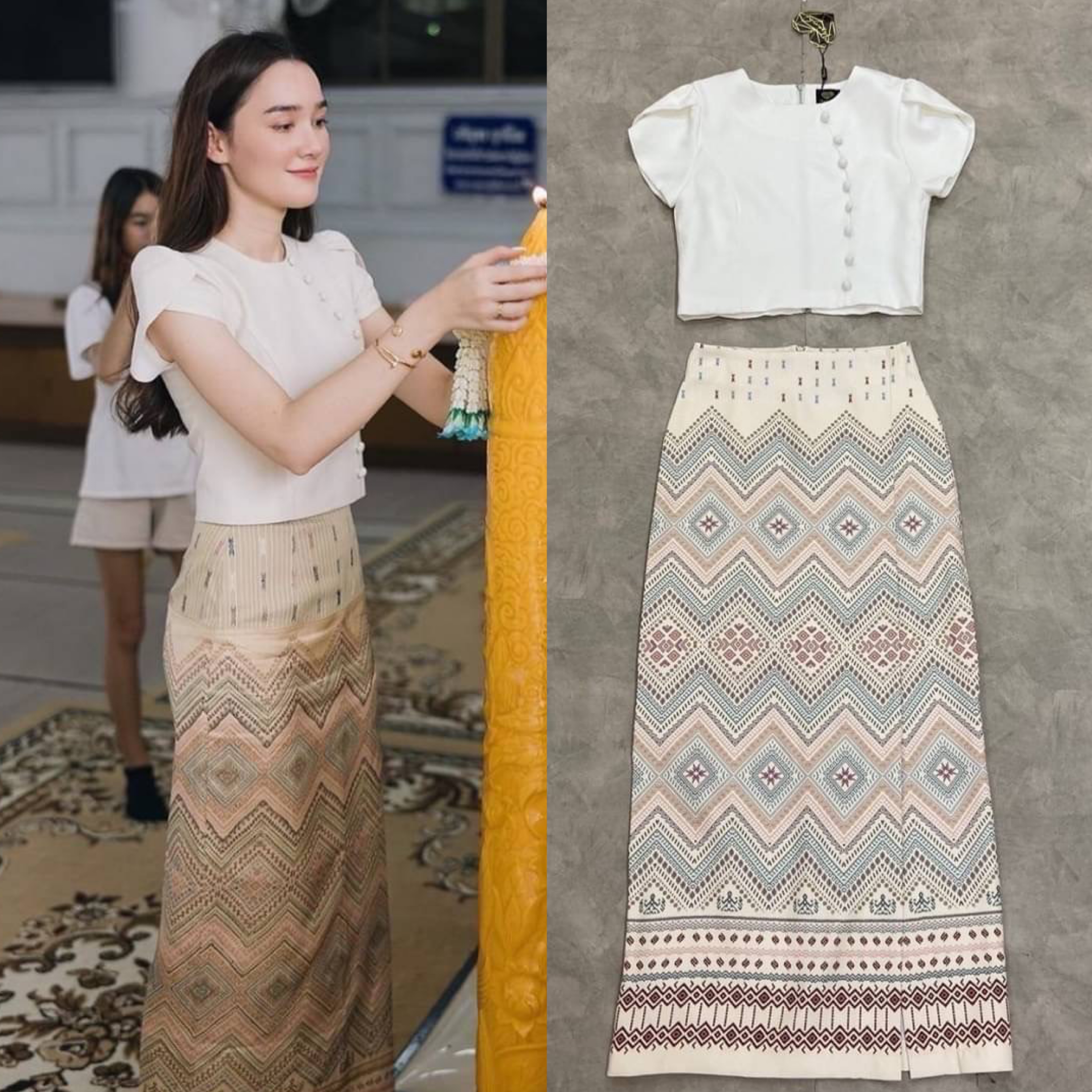 ชุดไทย เซ็ตเสื้อแขนตุ๊กตาแต่งกระดุมเรียงสีขาว มาคู่กับกระโปรงลูกไม้ผ้าถุงตัวยาวสีครีม แพทเทิ้นสวยมากค่า สินค้าคุณภาพ (พร้อมส่ง)