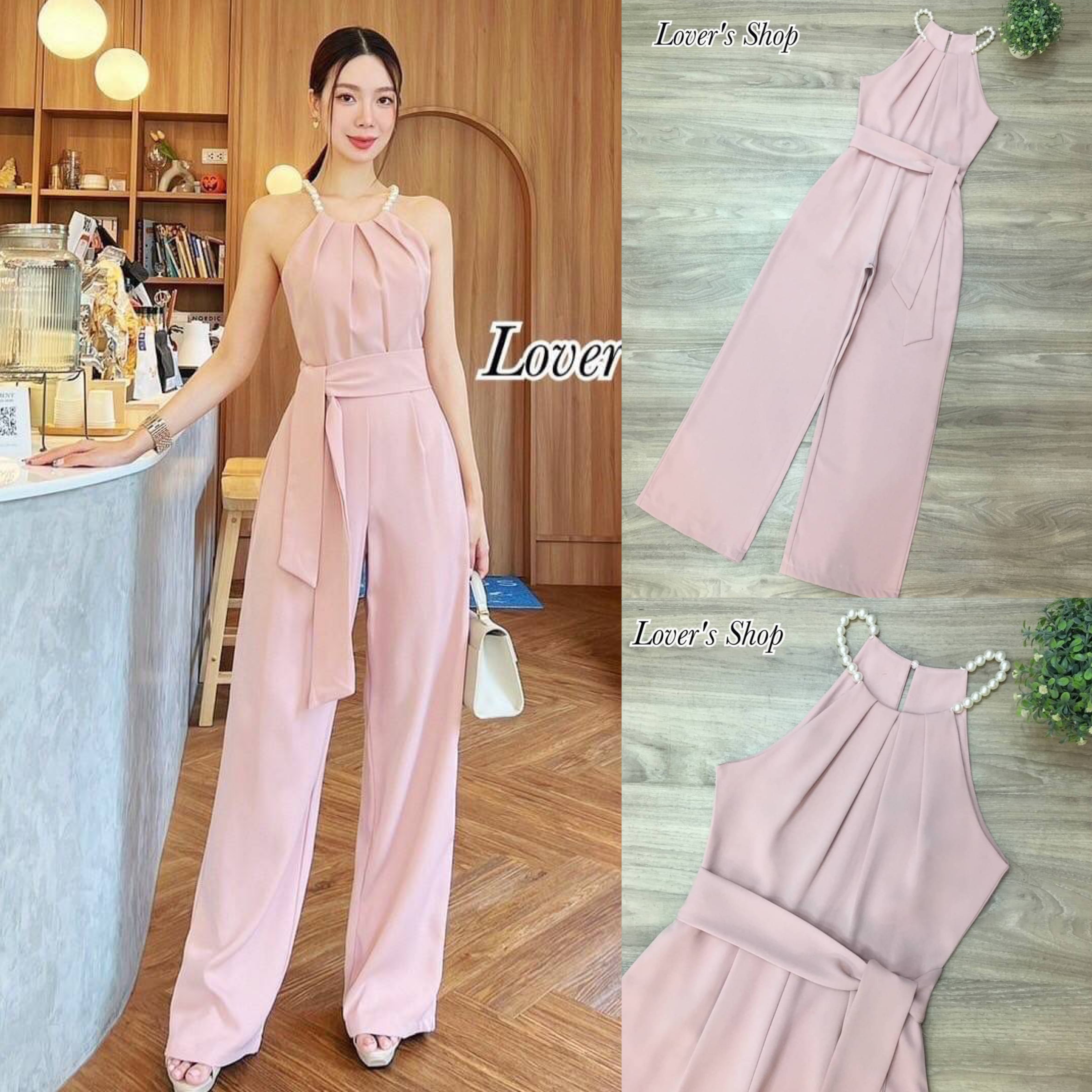 จั้มสูทกางเกงขายาว สายมุข ช่วงคอจับจีบ ทรงขากระบอกกลาง มาพร้อมเชือกผูกเอวเข้ารูป สินค้าคุณภาพ (พร้อมส่ง)