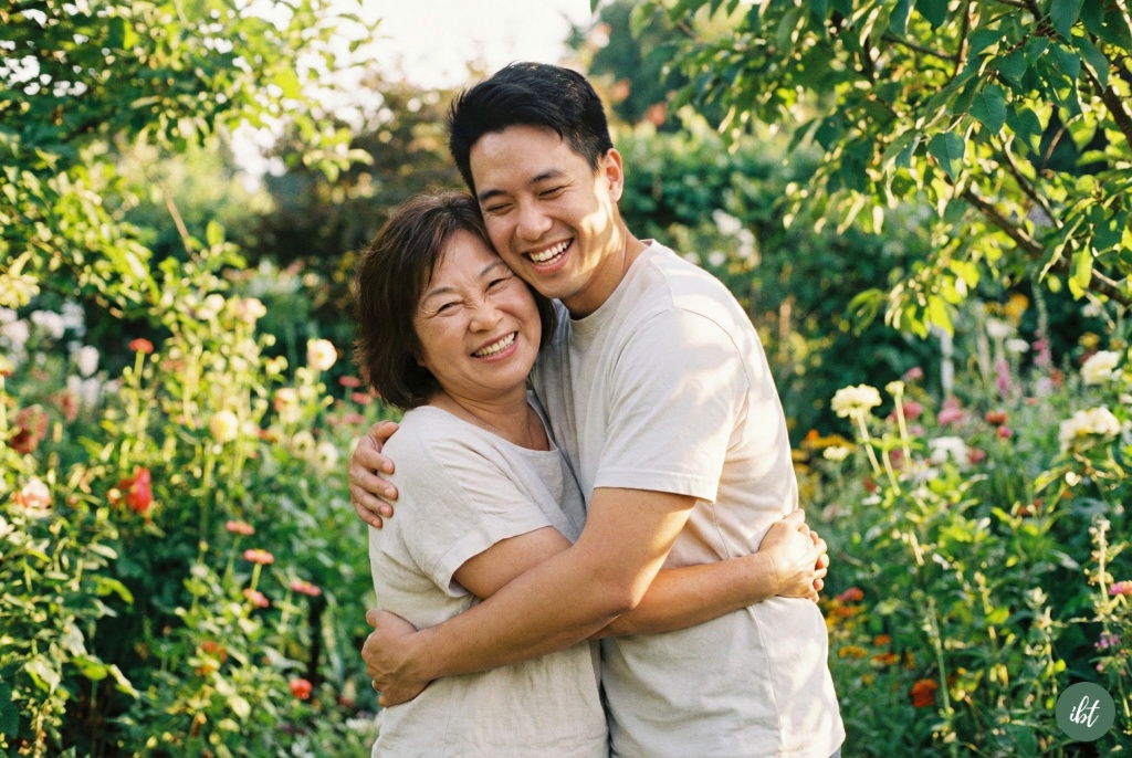 หญิงวัยกลางคนกอดลูกชายอย่างมีความสุขในสวน สื่อถึงความมั่นใจที่กลับคืนมาหลังแก้ปัญหากลิ่นแก่