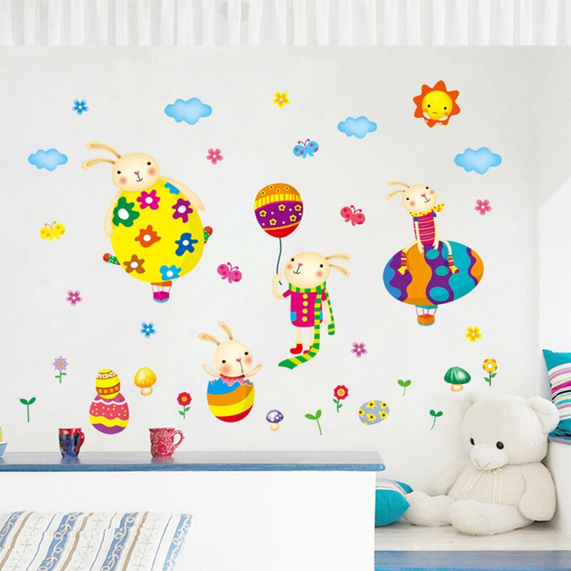 สติ๊กเกอร์แต่งห้อง DIY รูปกระต่ายขี่บอลลูน ลอกออกแล้วติดซ้ำได้