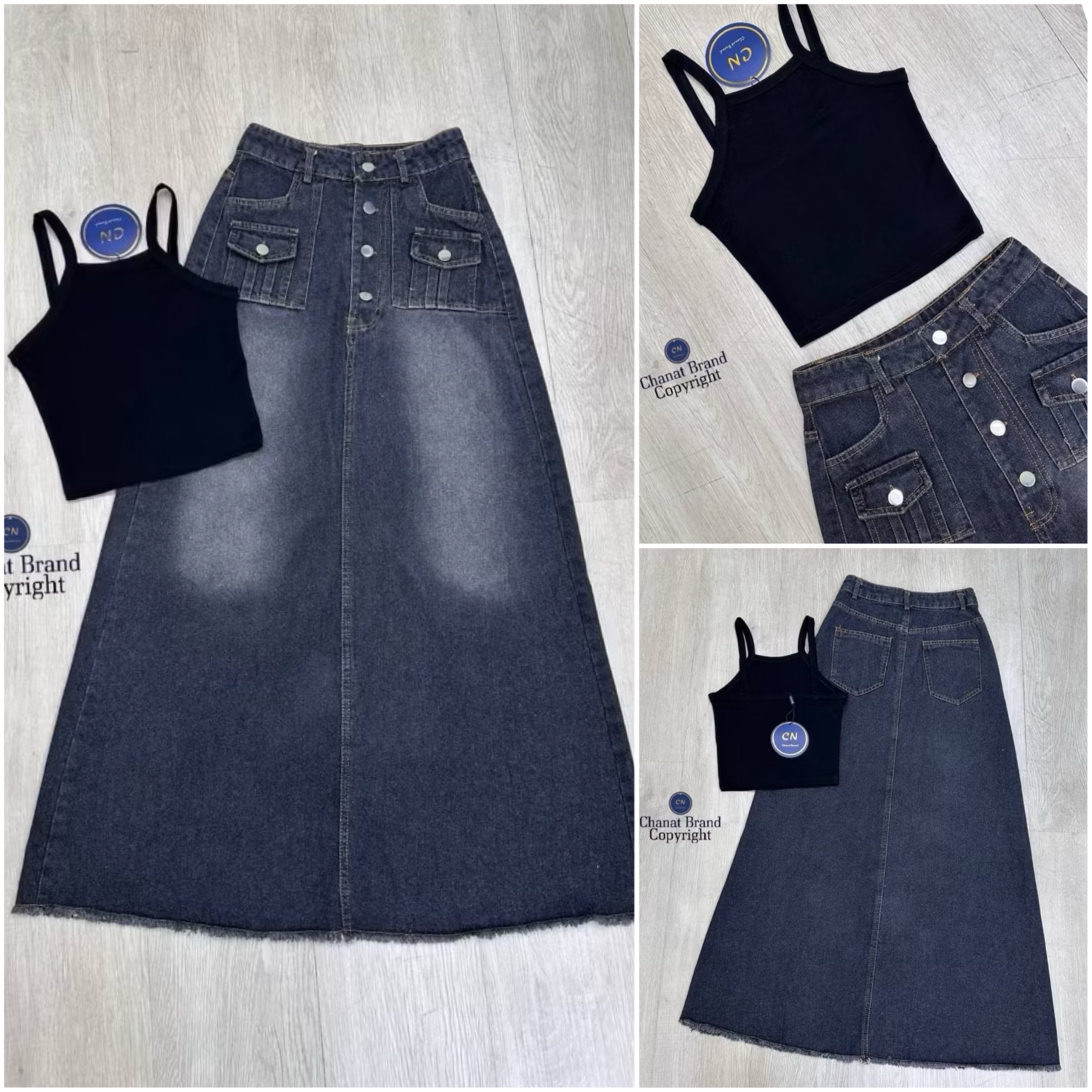 set 2 ชิ้น เสื้อแขนกุดสายเดี่ยวสีดำเนื้อผ้า ยืดนิ่มใส่สบาย ( ไม่เสริมฟองน้ำ ไม่มีซิปหลัง ) มา พร้อมกับกระโปรงยีนส์ยาวสีฟอก ใส่สบาย : สินค้าคุณภาพ (พร้อมส่ง)