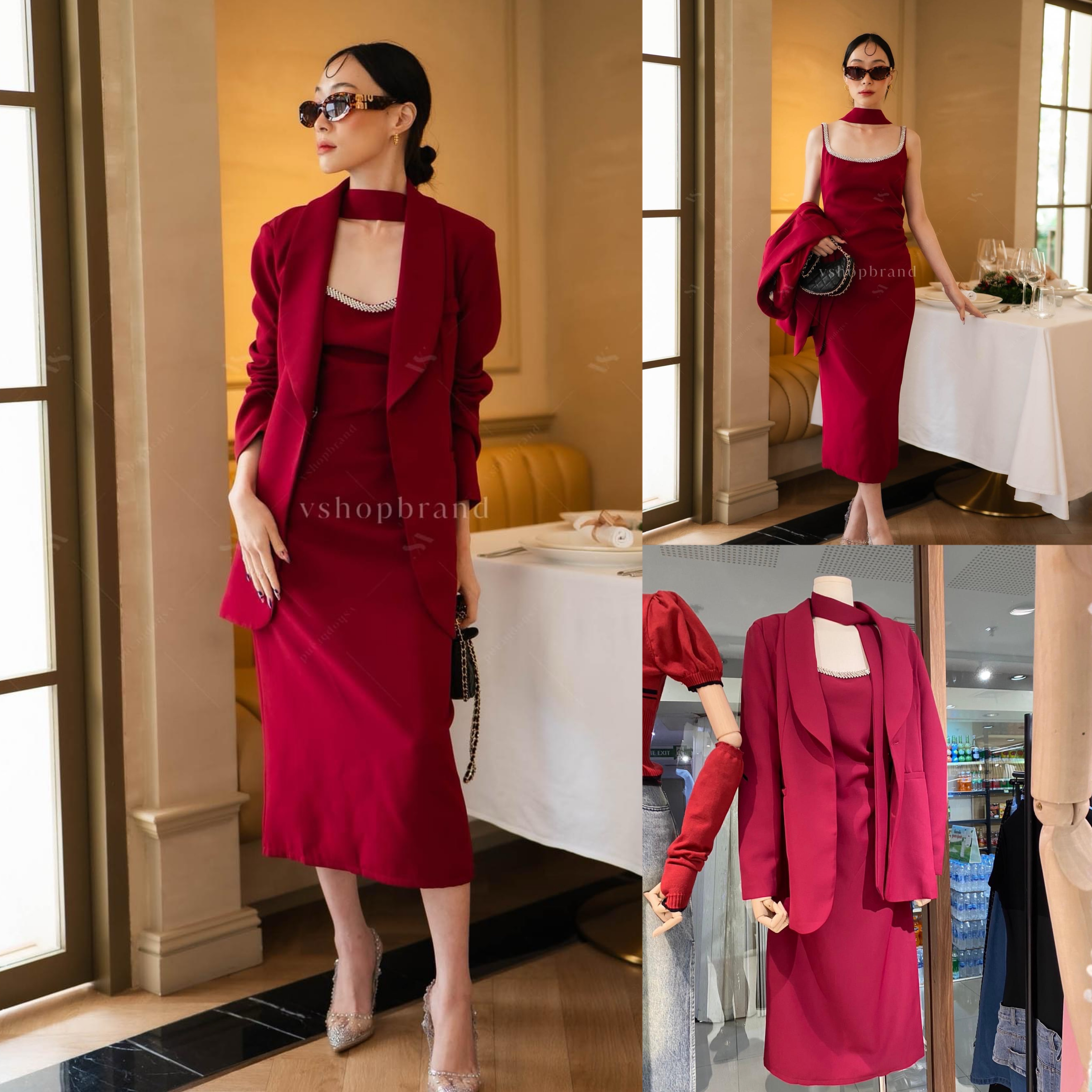 Set เดรสสายเดี่ยวขอบเพชร + เสื้อสูท + เชือก สินค้าคุณภาพ (พร้อมส่ง)