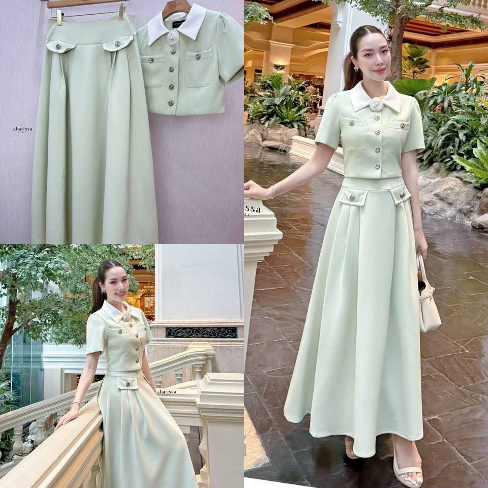เซ็ทเสื้อกระโปรงยาว ผ้าพรีเมี่ยมแถมฟรีเข็มกลัดดอกไม้ ใส่สบาย : สินค้าคุณภาพ (พร้อมส่ง)