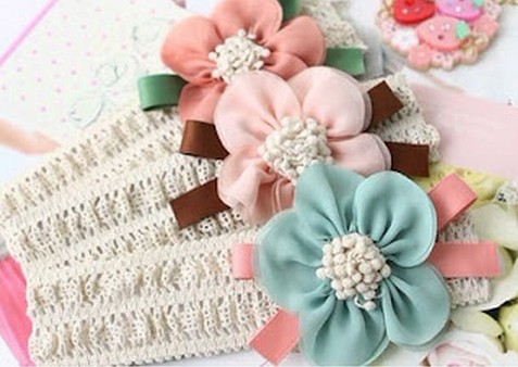 ผ้าคาดผมเด็กอ่อน ดอกไม้ริบบิ้นเก๋ด้วยผ้าคาดลายโครเชต์
