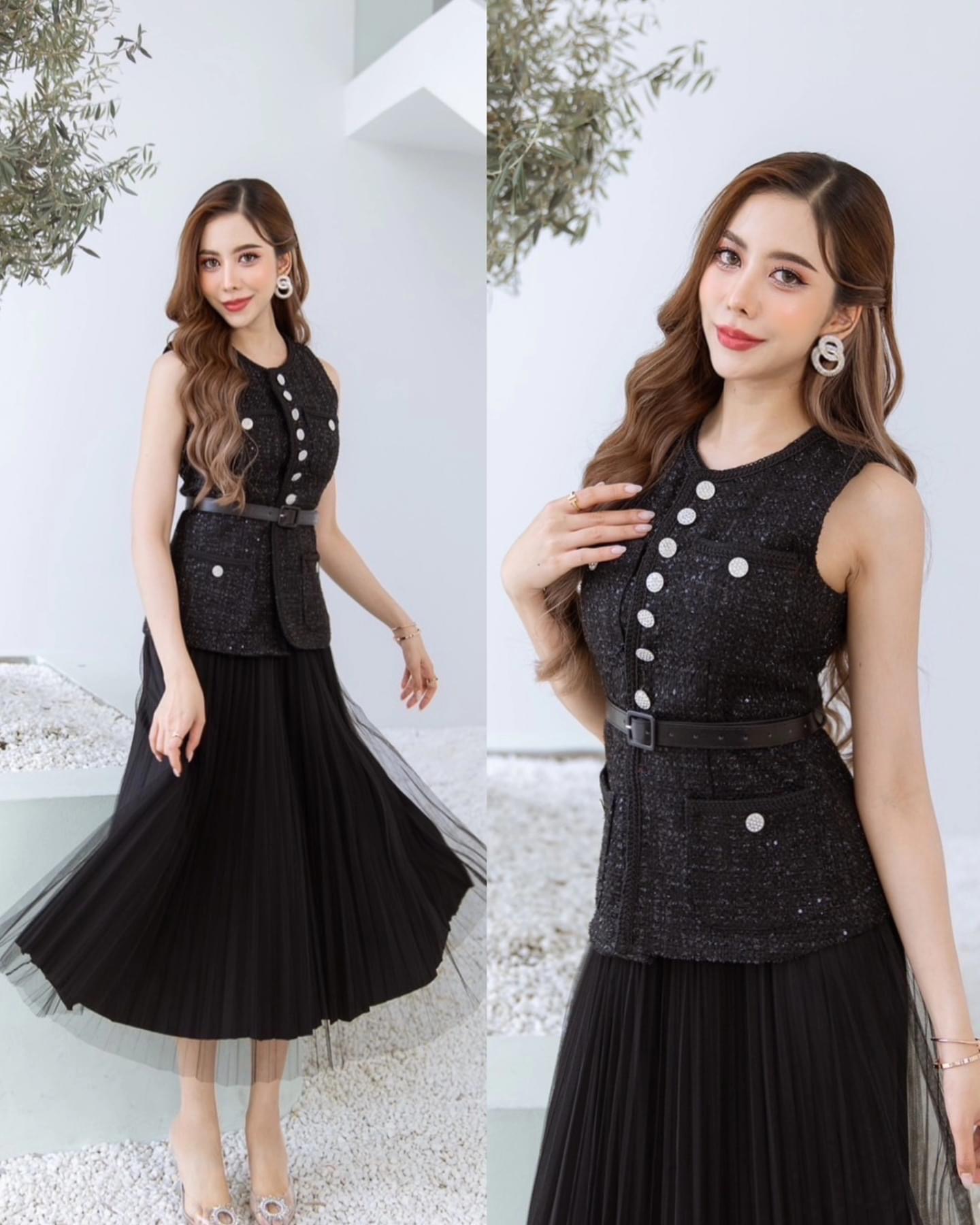 เซตเสื้อผ้า ทวิตกระดุมเพชร+กระโปรงผ้าตาข่ายอัดพลีท เนื้อผ้าทวิตเกรดเอ ใส่สบาย สินค้าคุณภาพ (พร้อมส่ง)