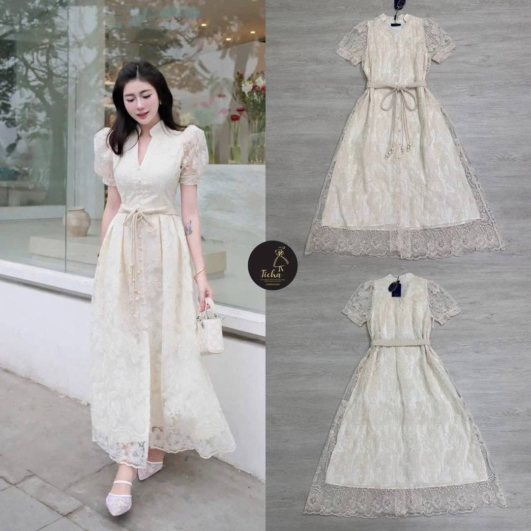 เซต 2 ชิ้น เดรสยาวสีครีม แขนสั้น ดีเทลกระดุมหน้าเรียงยาว เนื้อผ้าเป็นงานปักแน่นๆ ทั้งตัว มีชับในให้อย่างดี ตัวเดรสเป็นทรงโอเวอร์ไซด์ มาพร้อมสายถักผูกเอว ใส่สบาย : สินค้าคุณภาพ (พร้อมส่ง)