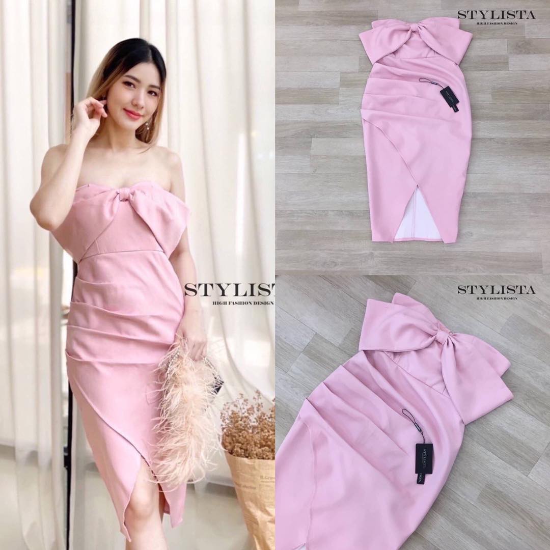 เดรสทรงพอดีตัว แต่งโบว์ใหญ่ คลุมไหล่ ใส่สวยมาก ดูดีเหมือนเซเลปเลยค่ะ สวยเปะเวอร์ สินค้าคุณภาพ (พร้อมส่ง)