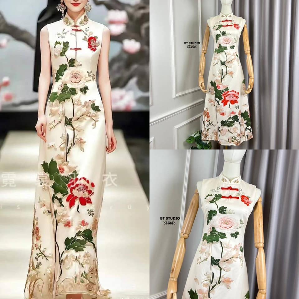 เดรสยาวแขนกุดคอจีนแต่งกระดุมจีนแดงเรียงกันพิมพ์ลายดอกไม้สวยหรูลัคชู เนื้อผ้าดี คัตติ๊งสวยมากกค่ะ ใส่สบาย : สินค้าคุณภาพ (พร้อมส่ง)