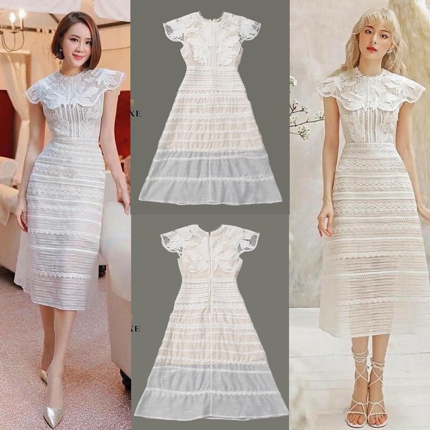 เดรสเสื้อคอกลมแต่งลูกไม้ฉลุปิดปิดหัวแขน กระโปรงบานทรงเอ สินค้าคุณภาพ (พร้อมส่ง)