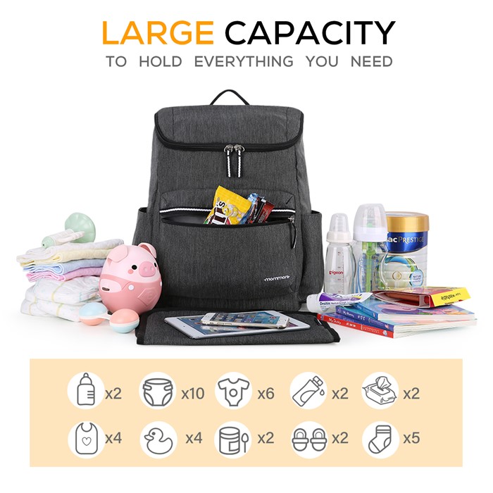 mommore กระเป๋าคุณแม่ กระเป๋าสัมภาระคุณแม่ กระเป๋าแม่ลูกอ่อน กันน้ำ พร้อมแผ่นรองเปลี่ยนผ้าอ้อม จุมาก น้ำหนักเบา เหมาะสำหรับเดินทาง (Dark Grey)