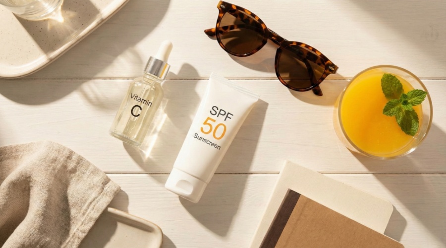 ภาพมุมบนแสดงอุปกรณ์ดูแลผิวตอนเช้า วิตามินซีคู่กับกันแดดและแว่นกันแดด
