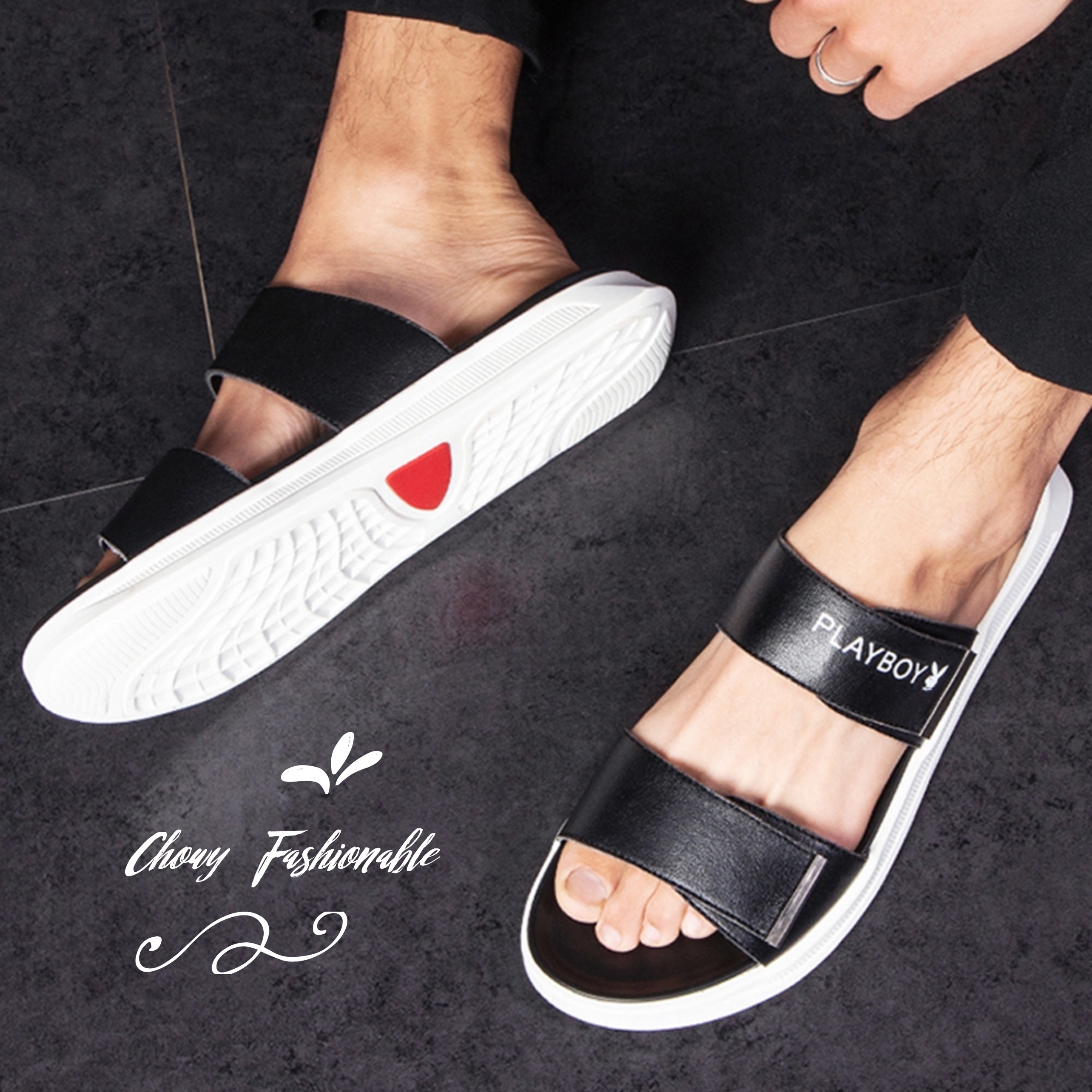 รองเท้าแตะไซส์ใหญ่ 44 EU Sandal Men แบบเทปแปะ สีดำ KR1009BL