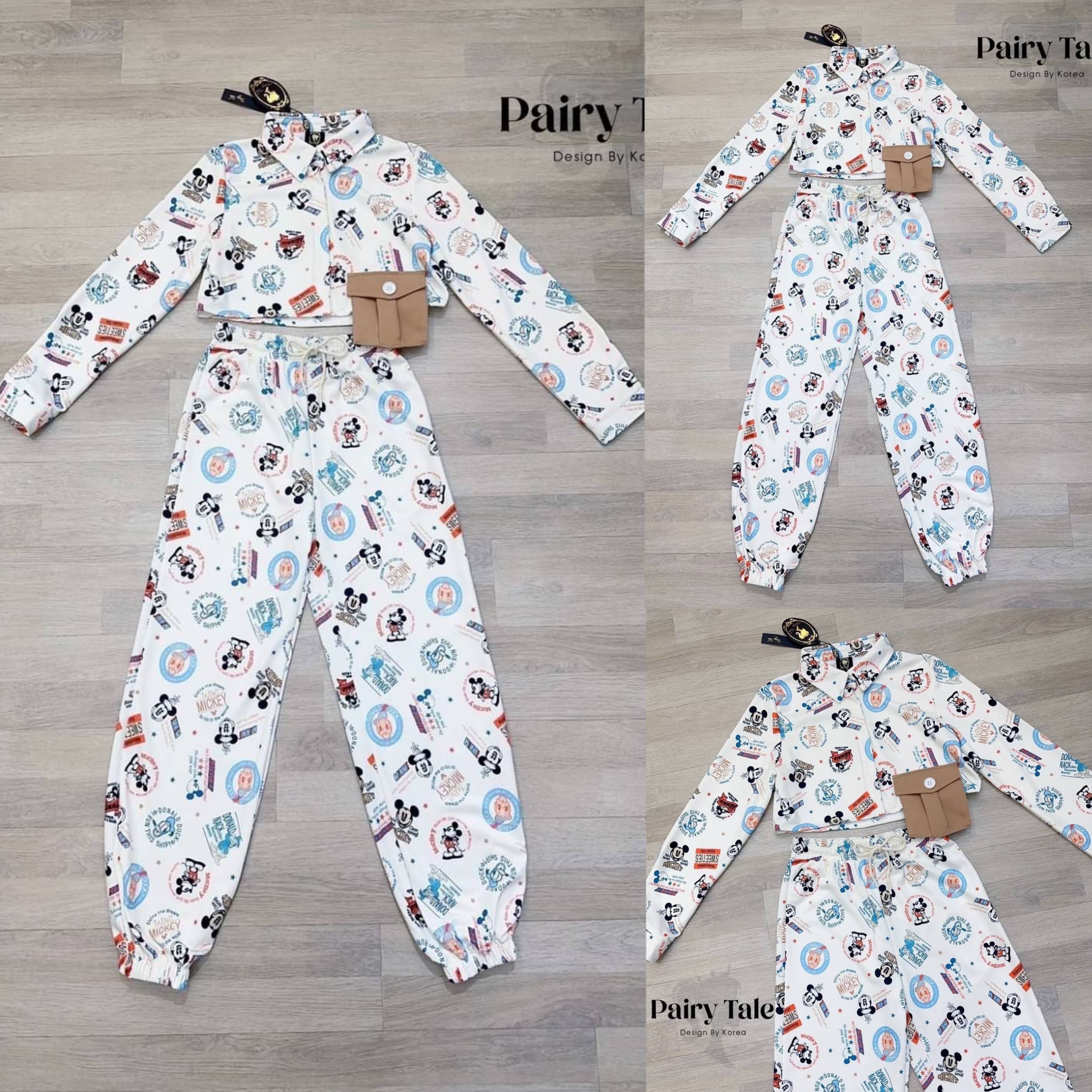 Set มิกกี้ เสื้อเชิ๊ตแขนยาวแต่งกระเป๋าล้น แมตกางเกงขายาวปลายขาจั้ม พิมพ์ลายมิกกี้ทั้งชุด สินค้าคุณภาพ (พร้อมส่ง)