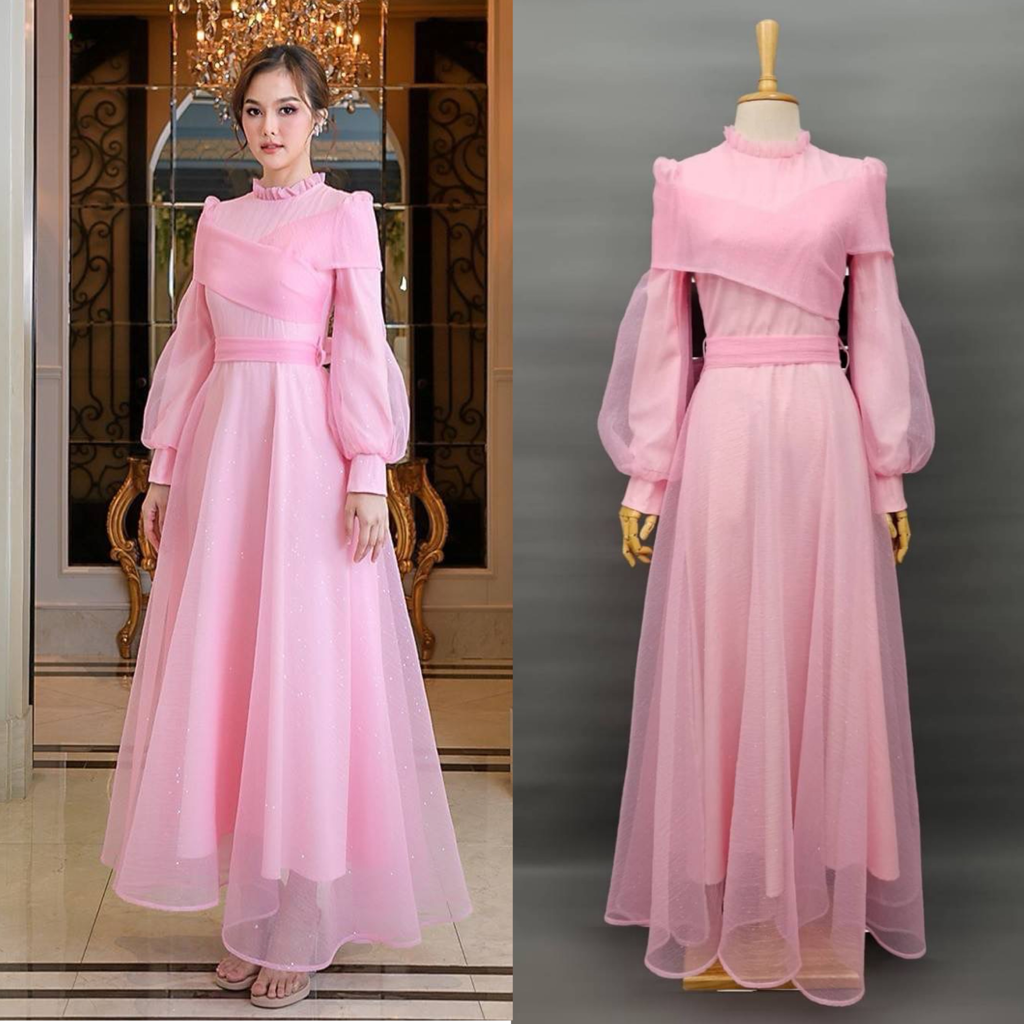 แม็กซี่เดรสเสื้อคอกลมแต่งระบาย ดีเทลเสื้อป้าย โอบไหล่ แขนยาวปลายแขนพอง กระโปรงบาน ทรงวงกลม ทำจากผ้าออแกนดีซีทรูเคลือบกาก เพชรเพิ่มความระยิบระยับ คัตติ้งประณีต มีซิป ซ่อนและซับในเต็มตัวค่ะ ใส่สบาย : สินค้าคุณภาพ (พร้อมส่ง)