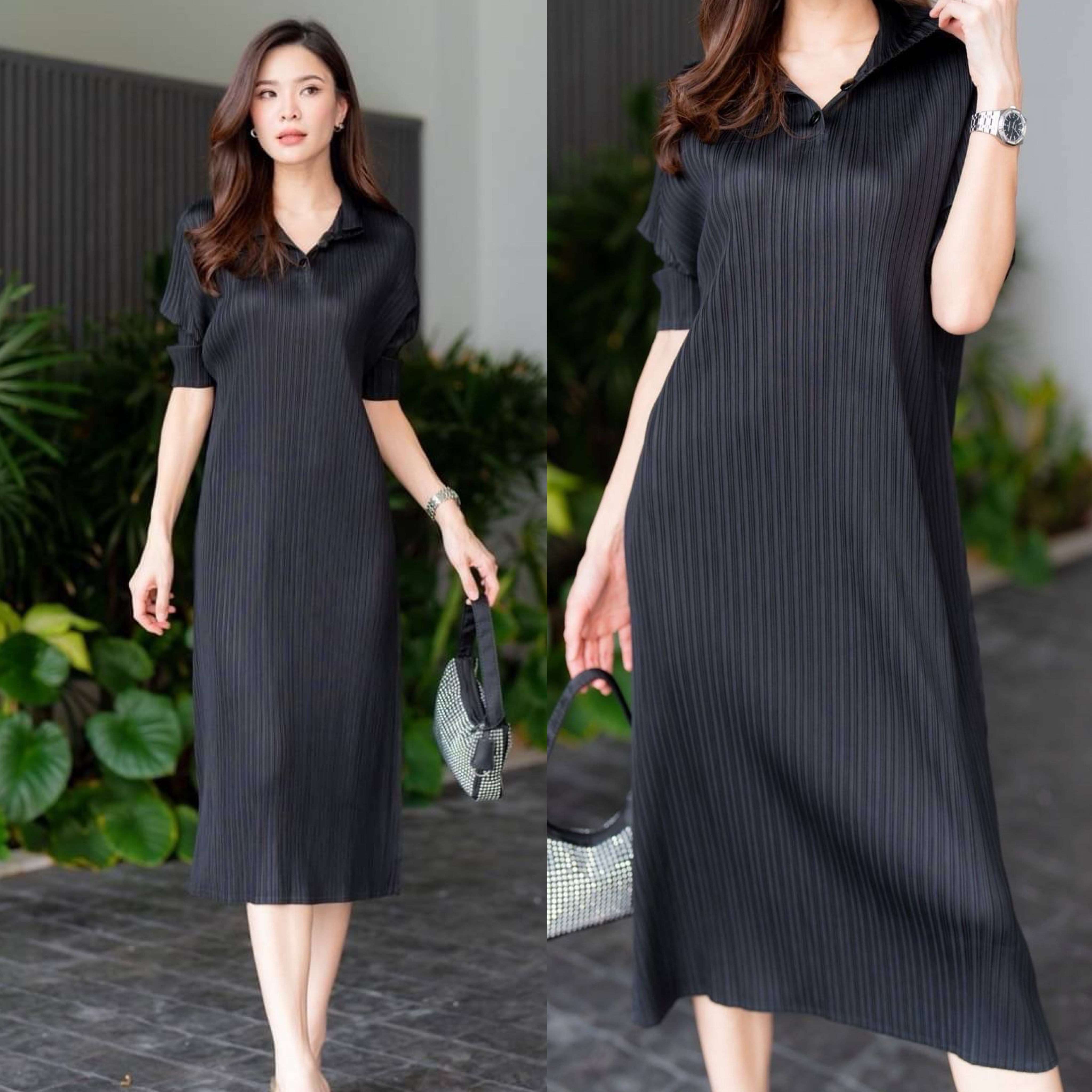 เดรสอัดพลีท คอปก 😙😘 แต่งกระดุมตรง คอ เกร๋กรุบ แขน 4 ส่วนพอสวยงาม ขอบอกว่า 💫💫แพทเทิร์นตัวนี้ เรียบ แต่หรูมากจริงๆคร้าาา ใส่สบาย : สินค้าคุณภาพ (พร้อมส่ง)