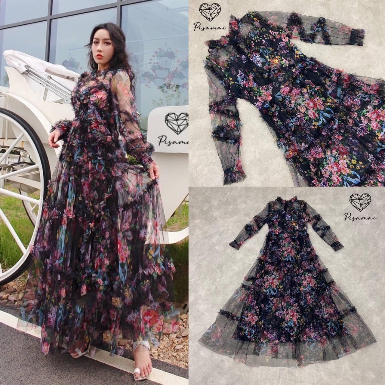 เดรสคอเต่าระบายตัวยาวลายกราฟฟิก สีน้ำมาพร้อมซับในอย่างดี ใส่พริ้วๆ สวยมากกกก 👍🏻 สินค้าคุณภาพ (พร้อมส่ง)